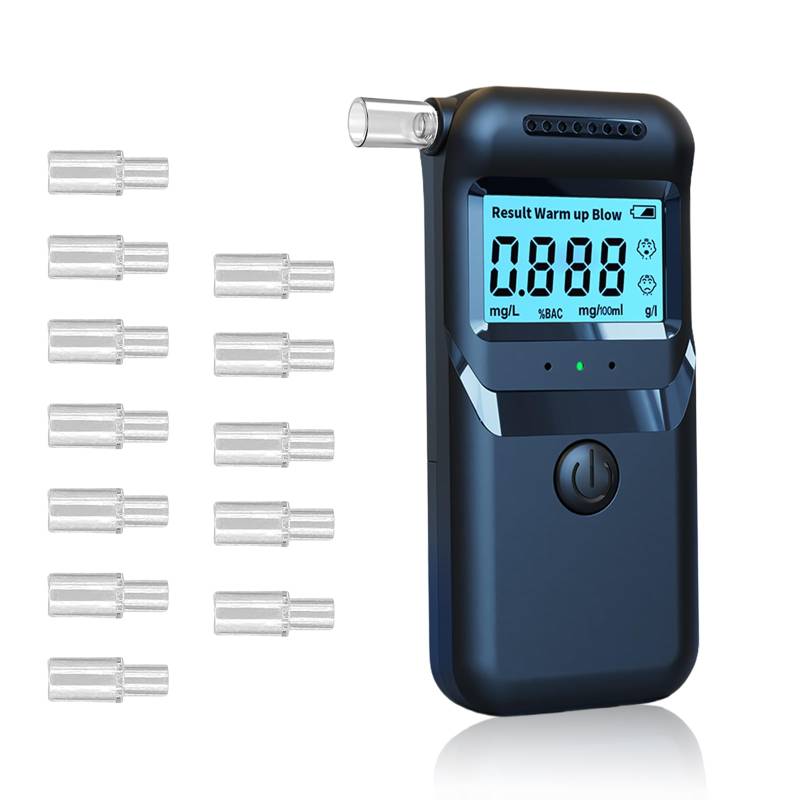 RUTIDA Alkoholtester, Polizeigenau Alkoholmessgeräte Promillemessgerät mit 12 Mundstücken, Professioneller Alkohol Tester BAC-Tester mit Digitaler Blauer LCD-Anzeige und Halbleiter Sensorik von RUTIDA