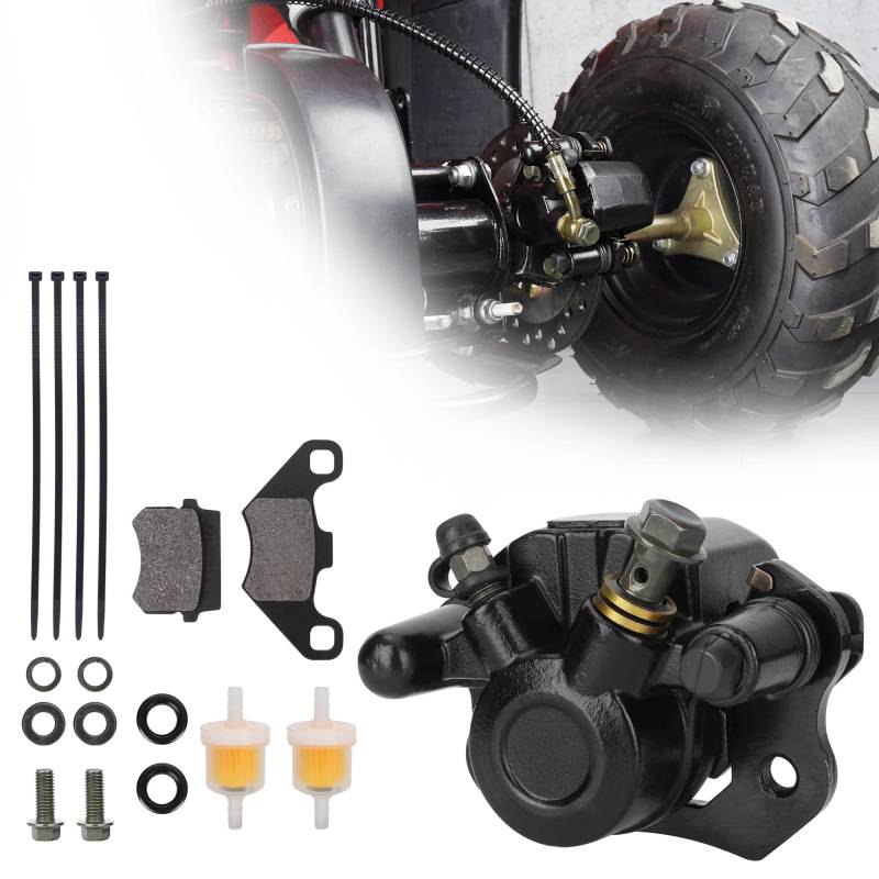 RUTU Bremssattel hinten links mit Bremsbelag und Kraftstoffölfilter für Coolster Taotao Kazuma Roketa Sunl Baja Kinroad 50cc-200cc Four Wheeler Trailmaster XRX 150 250–Schwarz von RUTU