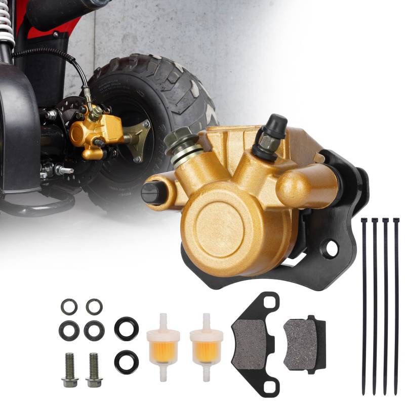 RUTU Bremssattel rechts hinten mit Bremsbelag und Kraftstoffölfilter für 50cc-200 cc,Coolster Taotao Kazuma Roketa Sunl Four Wheeler Baja Kinroad Trailmaster XRX 150 250–Gold von RUTU