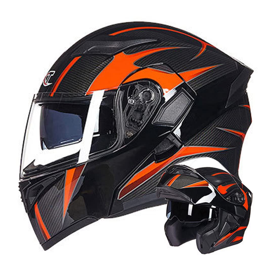 Motorrad Modularer Helm mit doppelter Anti-Fog-Linse Motorrad helme D.O.T Integralhelm Moped Roller Klapphelm Schutzhelm für Herren & Damen (Schwarz-Orange Kohlefaserstruktur) (61~62cm XL) von RUTXE