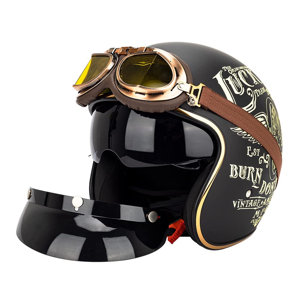 RUTXE Retro Motorrad 3/4 Halbhelm Moped Pilot Helm Jethelme Mit Sonnenblende Brille Vintage Roller Jethelm Cruiser Chopper ECE/DOT Approved (Lucky 13) (55~56cm S) von RUTXE