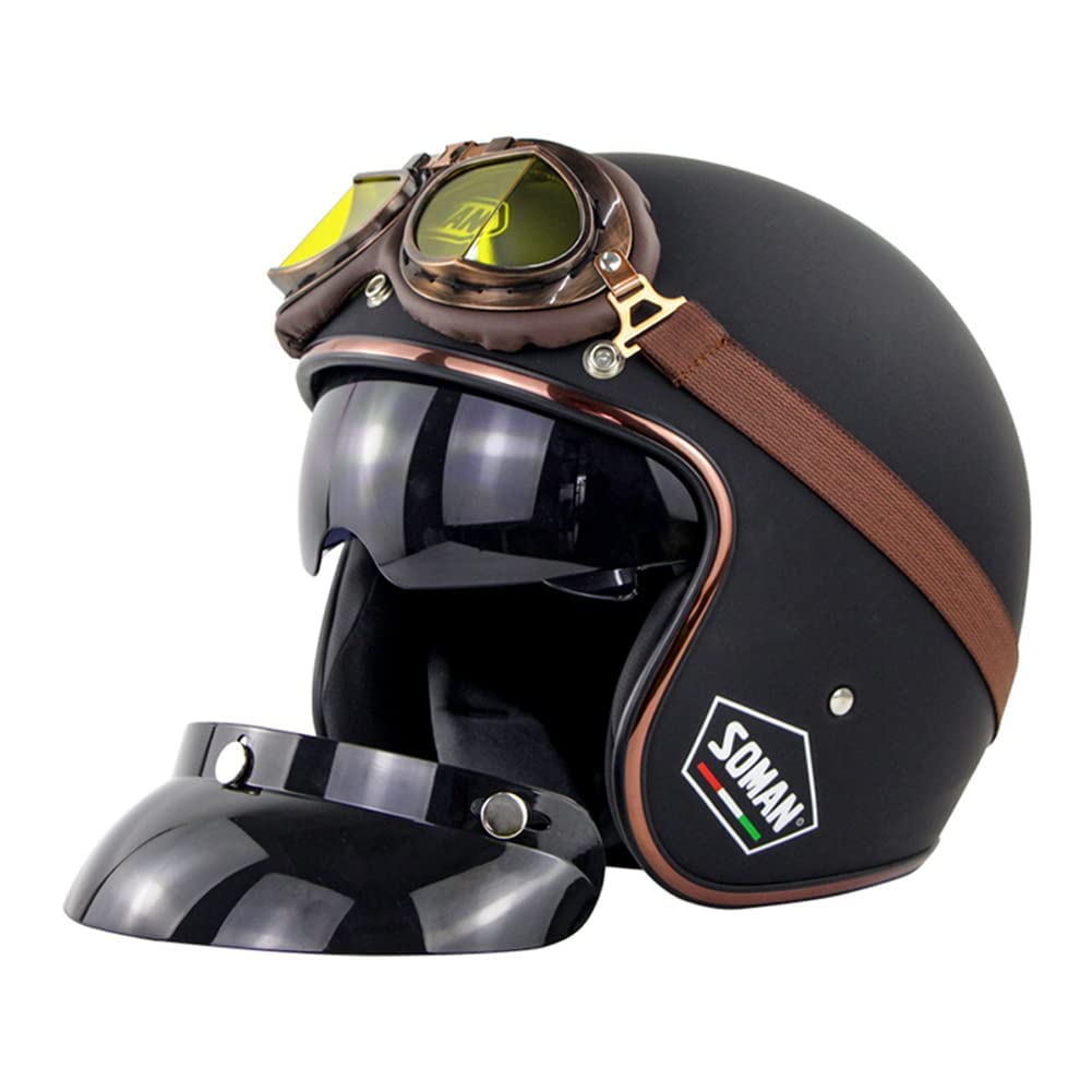 Retro Motorrad Pilotenhelm Jethelme 3/4 Halbhelm mit Sonnenblende Brille Vintage Roller Jethelm Moped Cruiser Chopper ECE/DOT Zugelassen (Matte Black,55~56cm S) von RUTXE