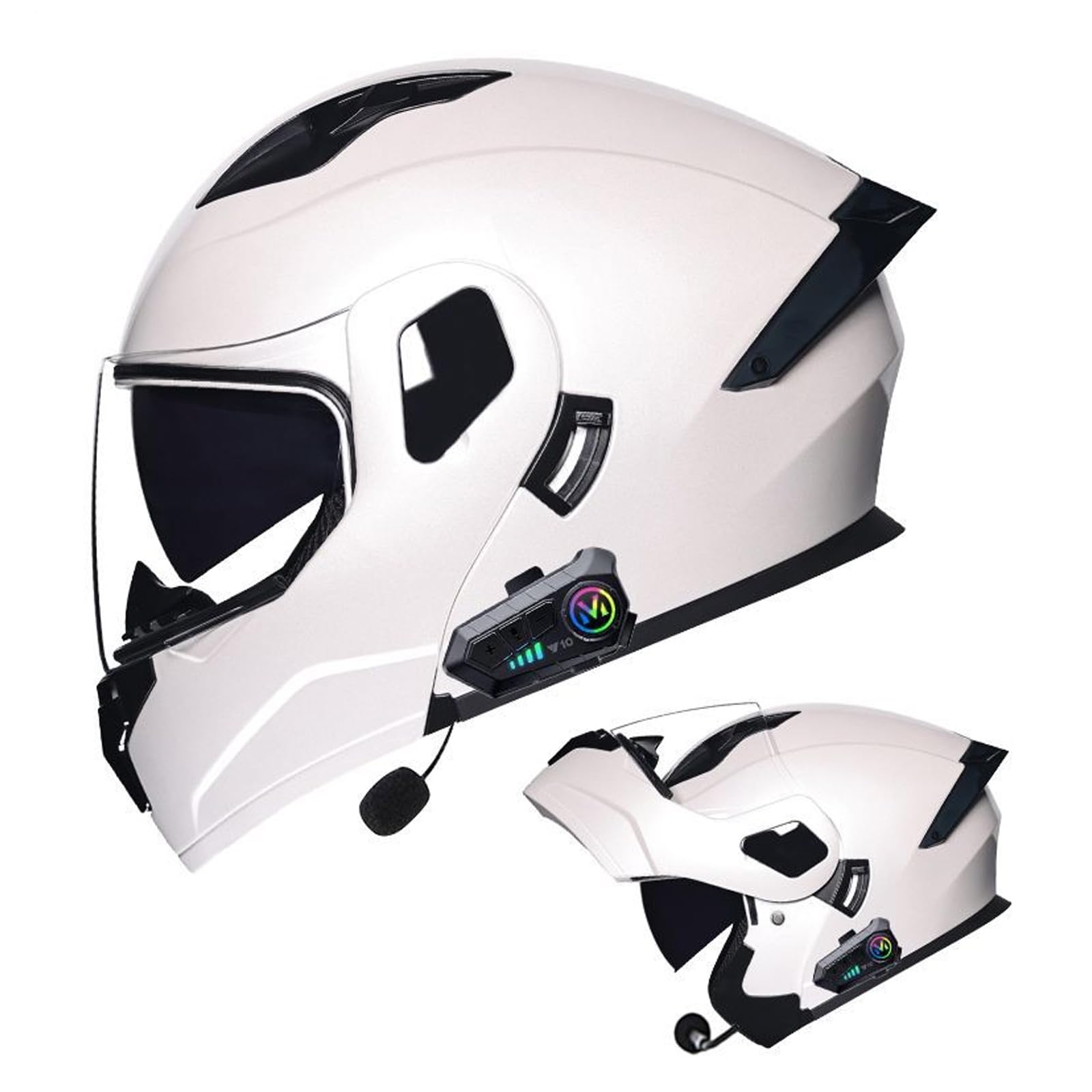 Modularer Bluetooth-Motorradhelm, DOT-Zugelassener Hochklappbarer Integralhelm, Doppelvisierhelm Mit Mikrofon, Für Männer Und Frauen,Weiß,M von RUYICZB