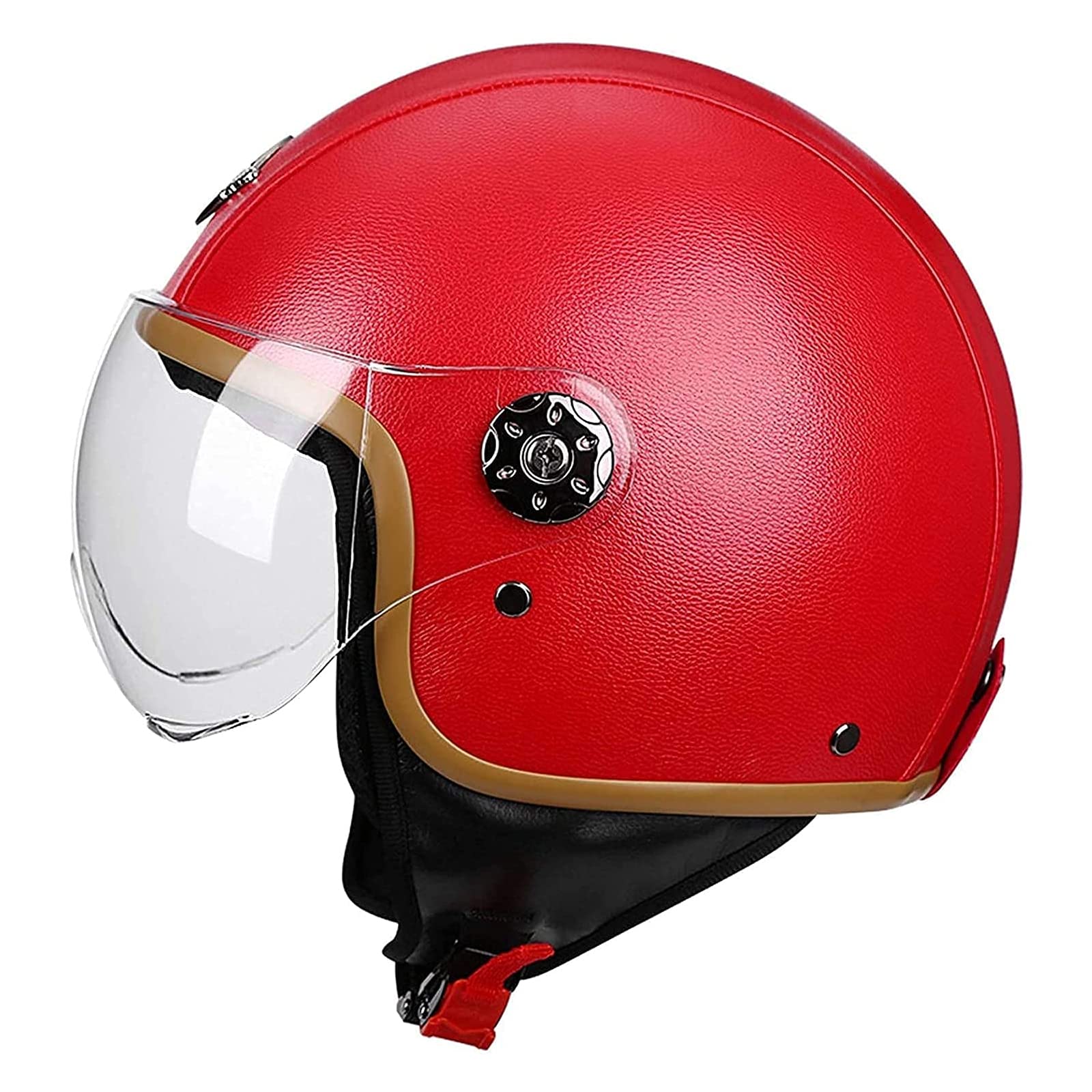 Retro Motorrad Leder Halbhelm Erwachsene Jethelm Vintage Half Face Motorradhelm DOT/ECE Zertifiziert Moped Roller Helm Für Männer Frauen Touring Casco Moto Helm,Rot,M von RUYICZB