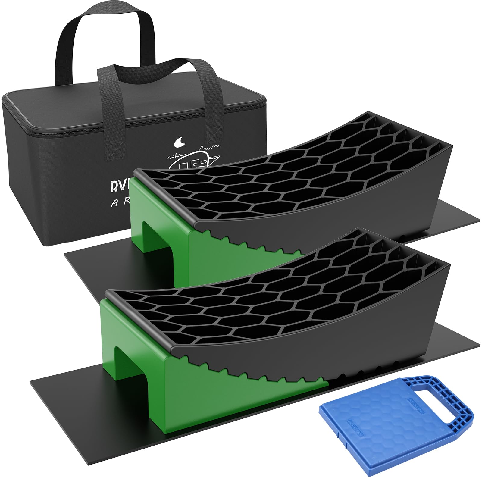 RVMATE Camper Levelers 8teiliges Set für WohnmobilNivellierblöcke, CamperRadkeile inklusive Zwei gebogenen Nivellierern, Zwei Unterlegkeilen, Zwei Gummigriffmatten und Bonus Jack Pad in von RVMATE