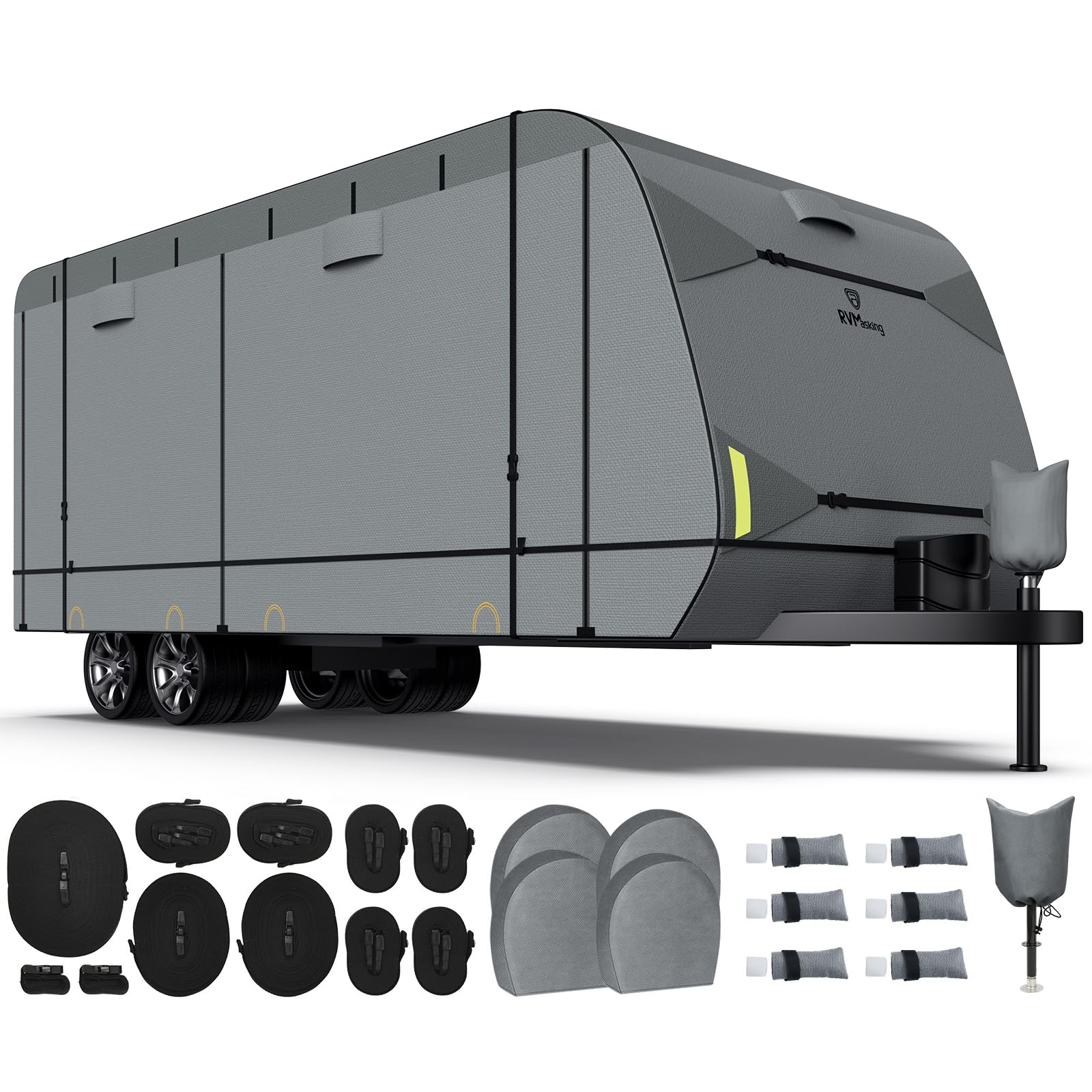 RVMasking Strapazierfähige Abdeckung für Reiseanhänger, 7-lagig, mit 4 Reifenabdeckungen, für 56,9 cm - 61 cm, winddicht, Ripstop-Anti-UV-Wohnmobil-Abdeckung, mittelgrau von RVMasking