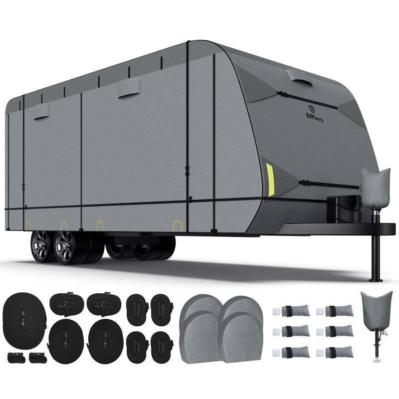 RVMasking Strapazierfähige Abdeckung für Reiseanhänger, 7-lagig, mit 4 Reifenabdeckungen, für 56,9 cm - 61 cm, winddicht, Ripstop-Anti-UV-Wohnmobil-Abdeckung, mittelgrau von RVMasking