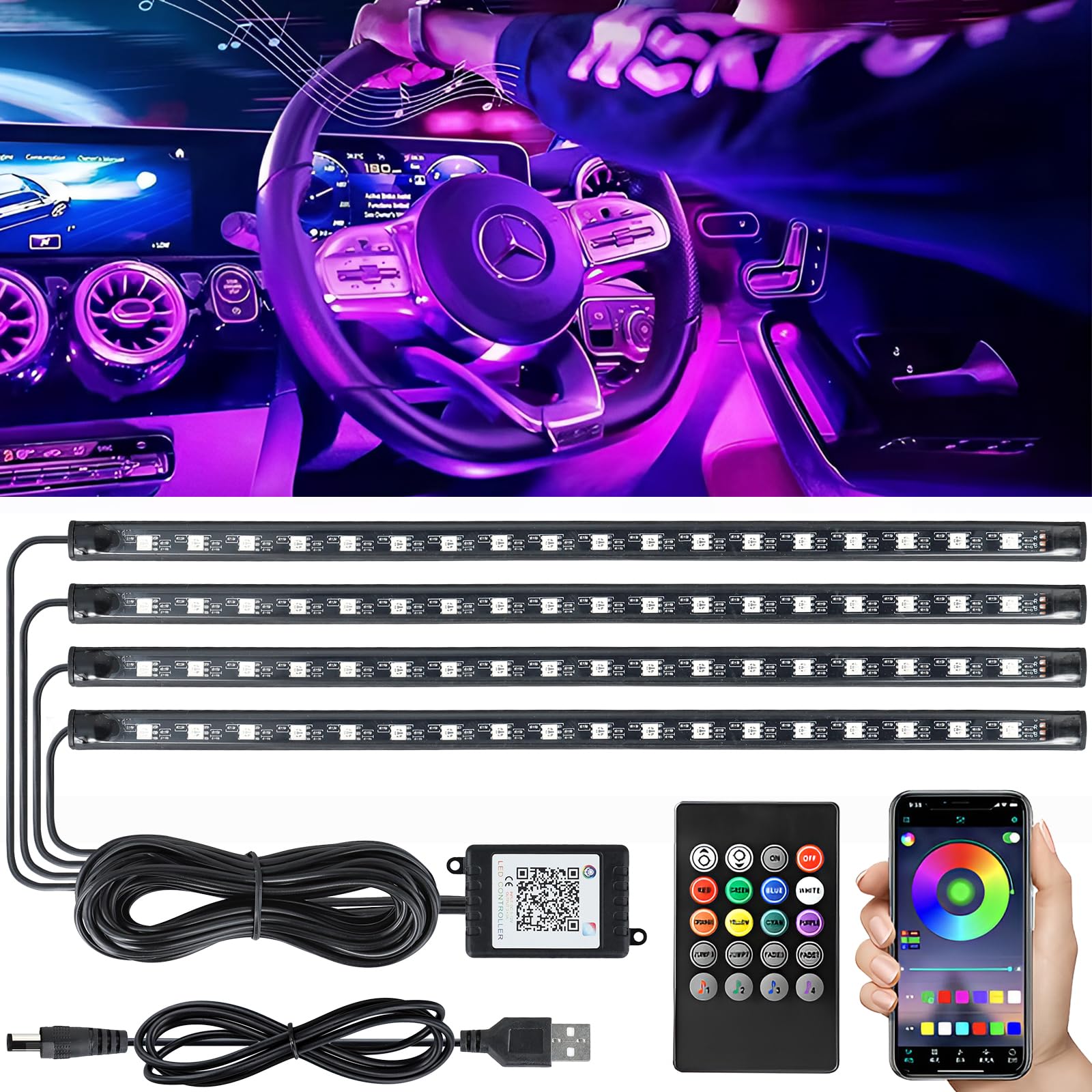 RWSRW LED Auto Innenbeleuchtung LED Auto Innenbeleuchtung 72 LED Streifen Auto Innenraumbeleuchtung Ambientebeleuchtung 12V Wasserdicht App-Steuerung und Fernbedienung von RWSRW