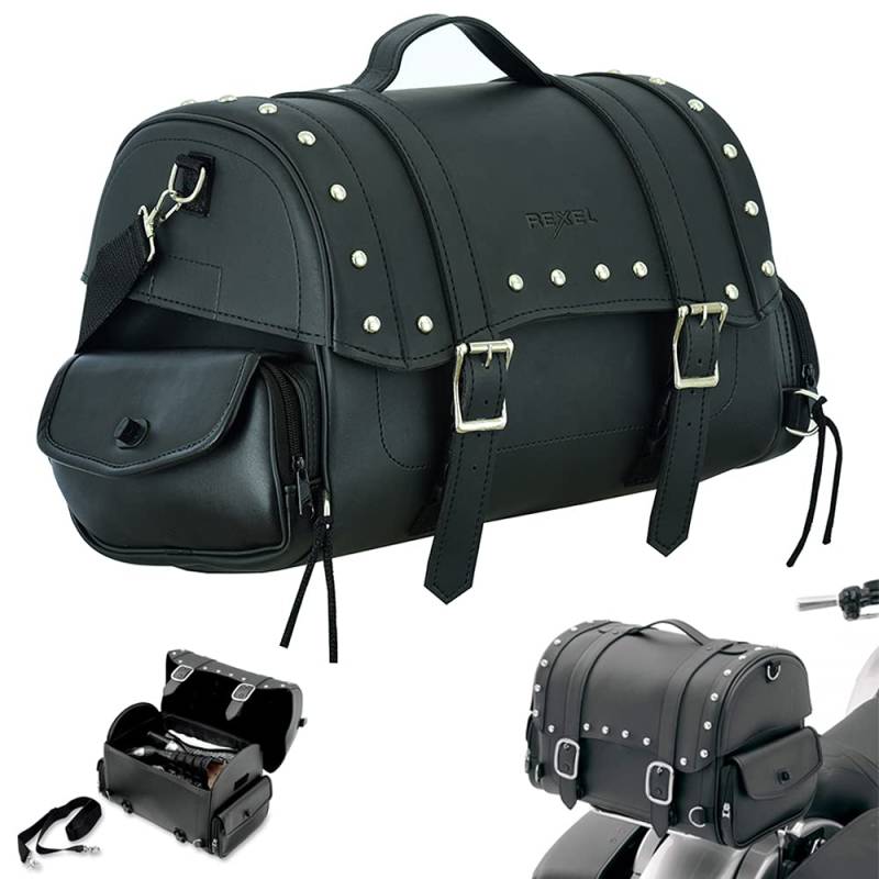 RXL Motorrad Satteltasche Leder Motorrad Kofferraumtasche Wasserdicht Satteltasche mit Seitentaschen Hecksitztasche Ausrüstung Aufbewahrung Touring Motorrad Gepäck Schwarz (286 Schwarz, Standard) von RXL