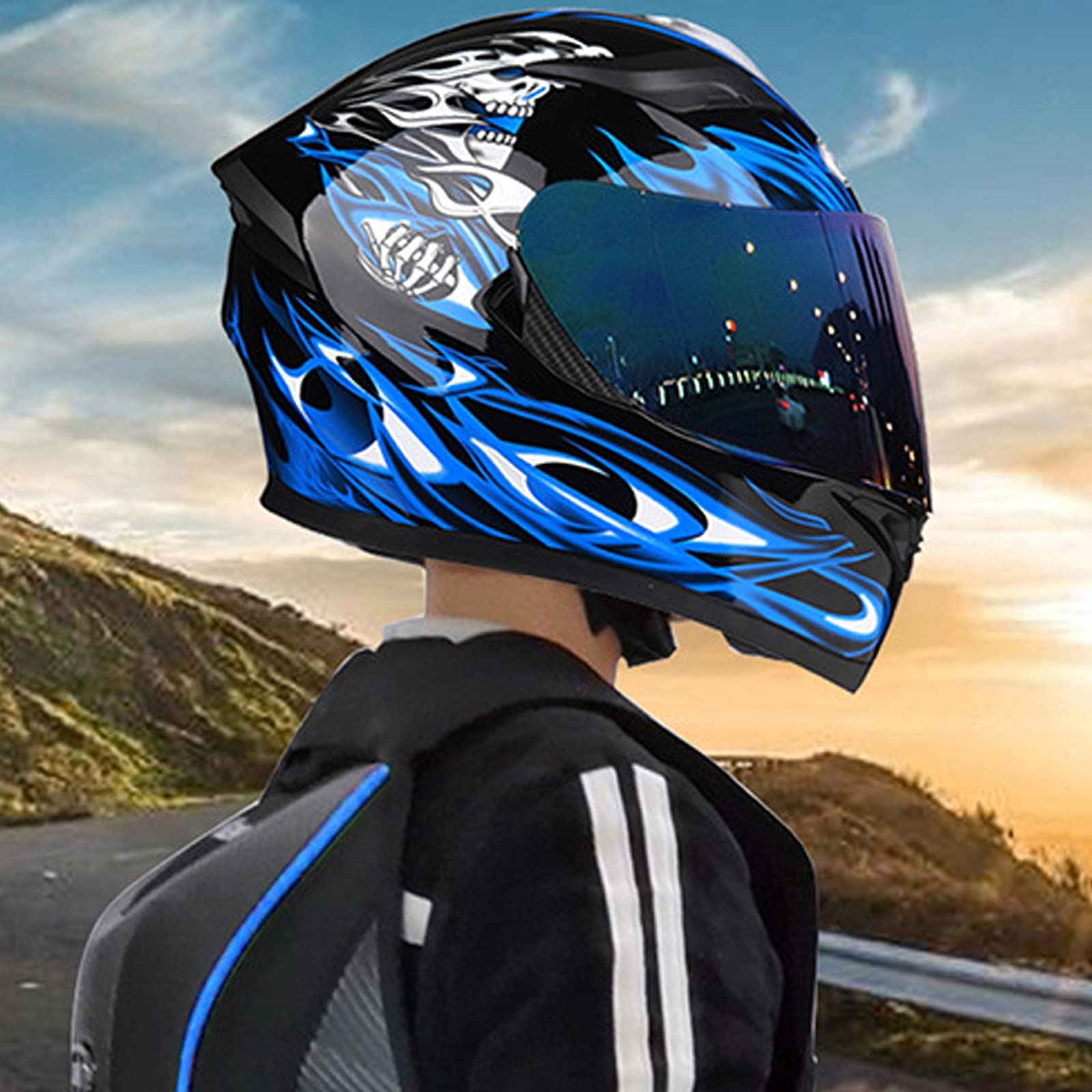 Modular-Helm Integralhelme Flip-Up Motorradhelm Rollerhelm Erwachsener Herren & Damen Sturzhelm Full-Face Motorcycle Helmet Klapphelm Jet Helm Scooter Stoßfester ECE-Zertifizierung,Blue 2,M von RYDZCLH