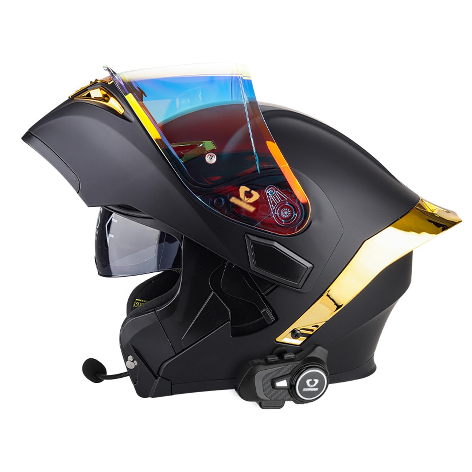 Modularer Motorradhelm Mit Bluetooth-Gegensprechfunktion, DOT/ECE-Zertifizierter Hochklappbarer Integralhelm Mit Integriertem Doppelvisier Für Männer Und Frauen,Gelb,S 55~56cm von RYDZCLH