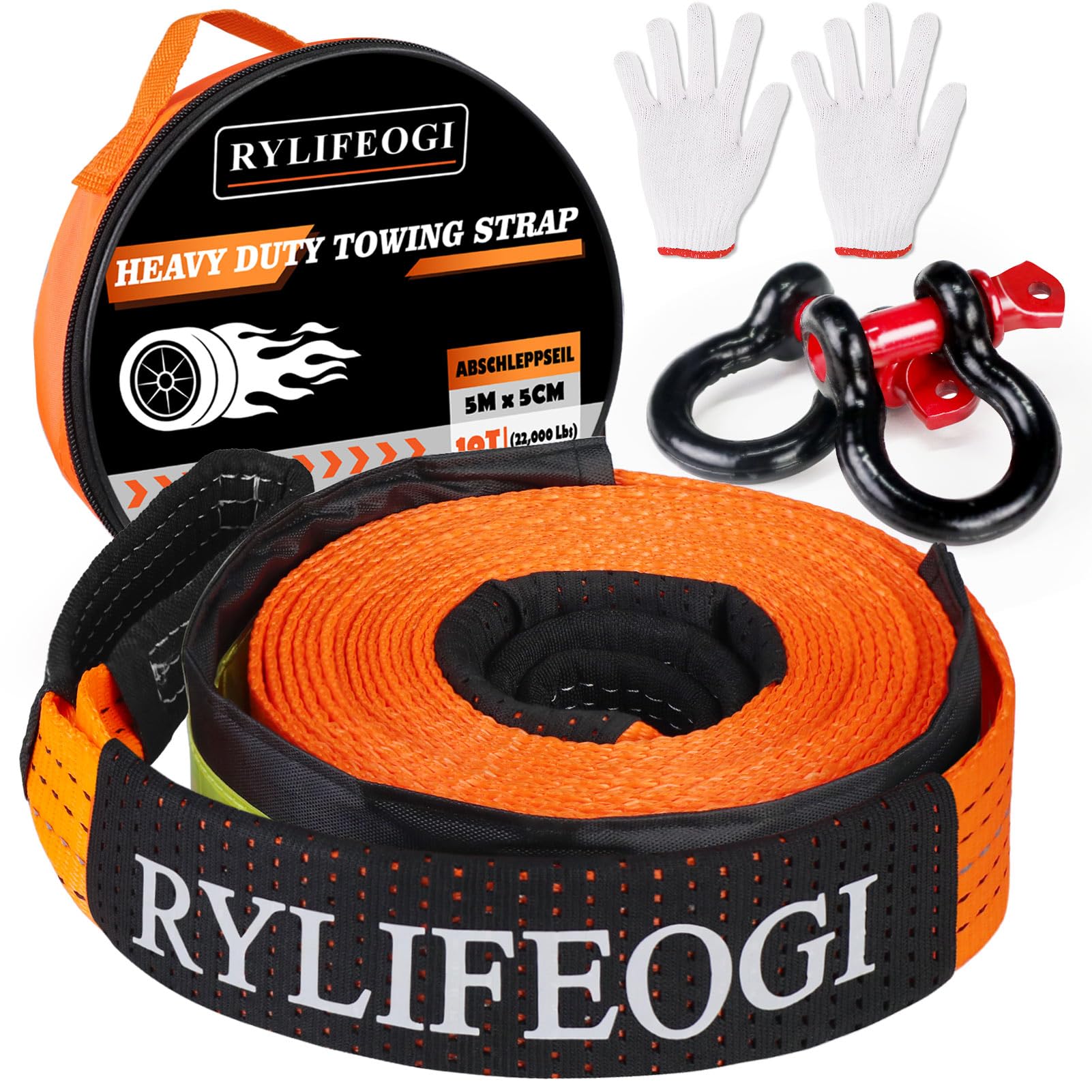 RYLIFEOGI Abschleppseil 10 Tonnen (22,000 Lbs), 5mx5cm Tow Rope Heavy Duty mit 2 Verstärkten Haken 2 Handschuhen für Off-Road Notfall (Orange) von RYLIFEOGI