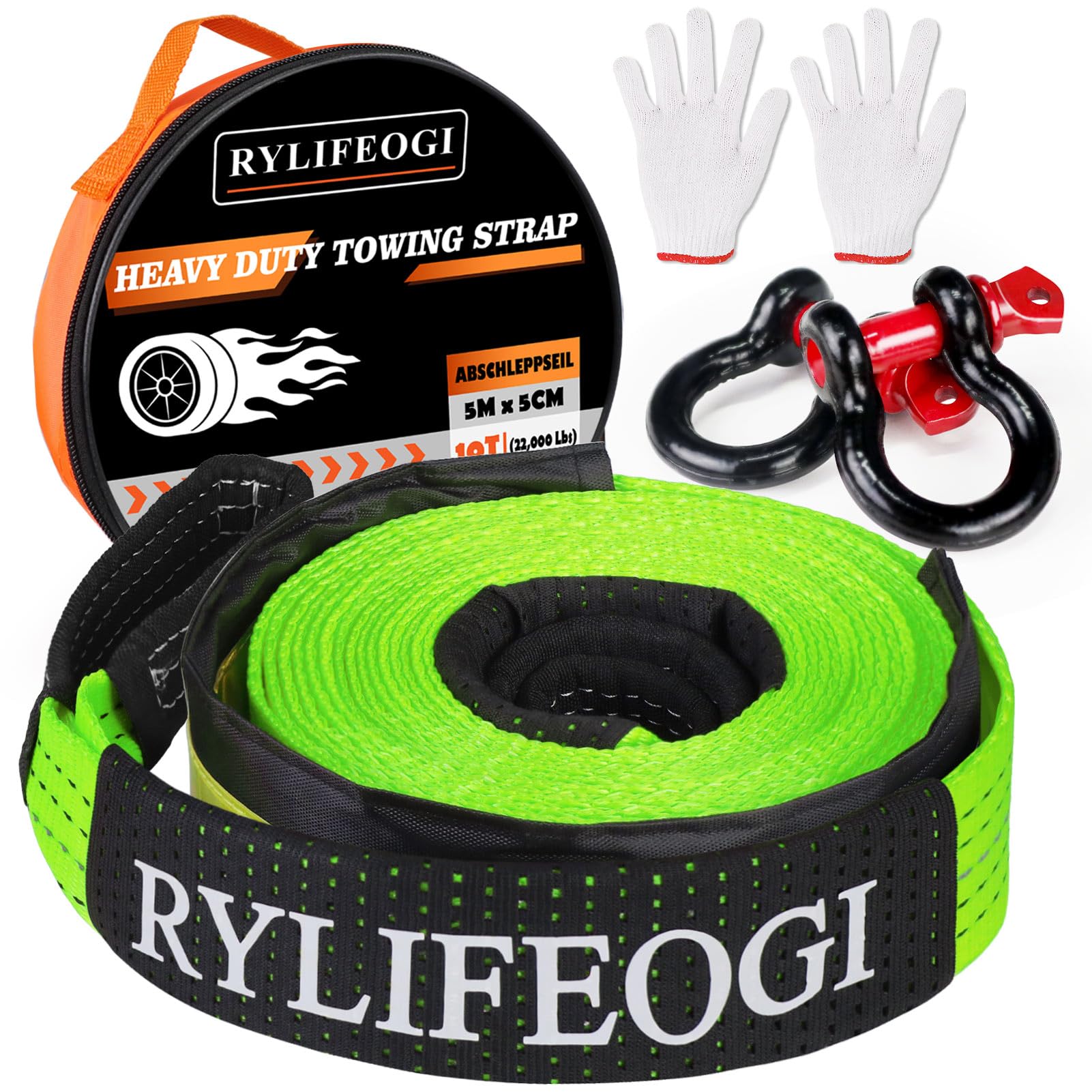 RYLIFEOGI Abschleppseil 10 Tonnen (22,000Lbs), 5mx5cm Heavy Duty Tow Strap mit 2 Verstärkten Haken 2 Handschuhen für Off-Road Fahrzeuge (Grün) von RYLIFEOGI