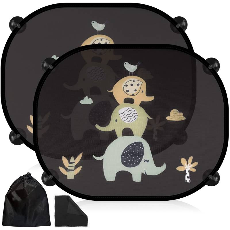 RYMALL Sonnenschutz Auto Baby mit UV Schutz, Sonnenschutz Auto 2 Stück 45x36.5 cm Saugnapf Sonnenblende Kinder Auto Fenster Sonnenschutz mit Süßen Tier Motiven-Elefant von RYMALL