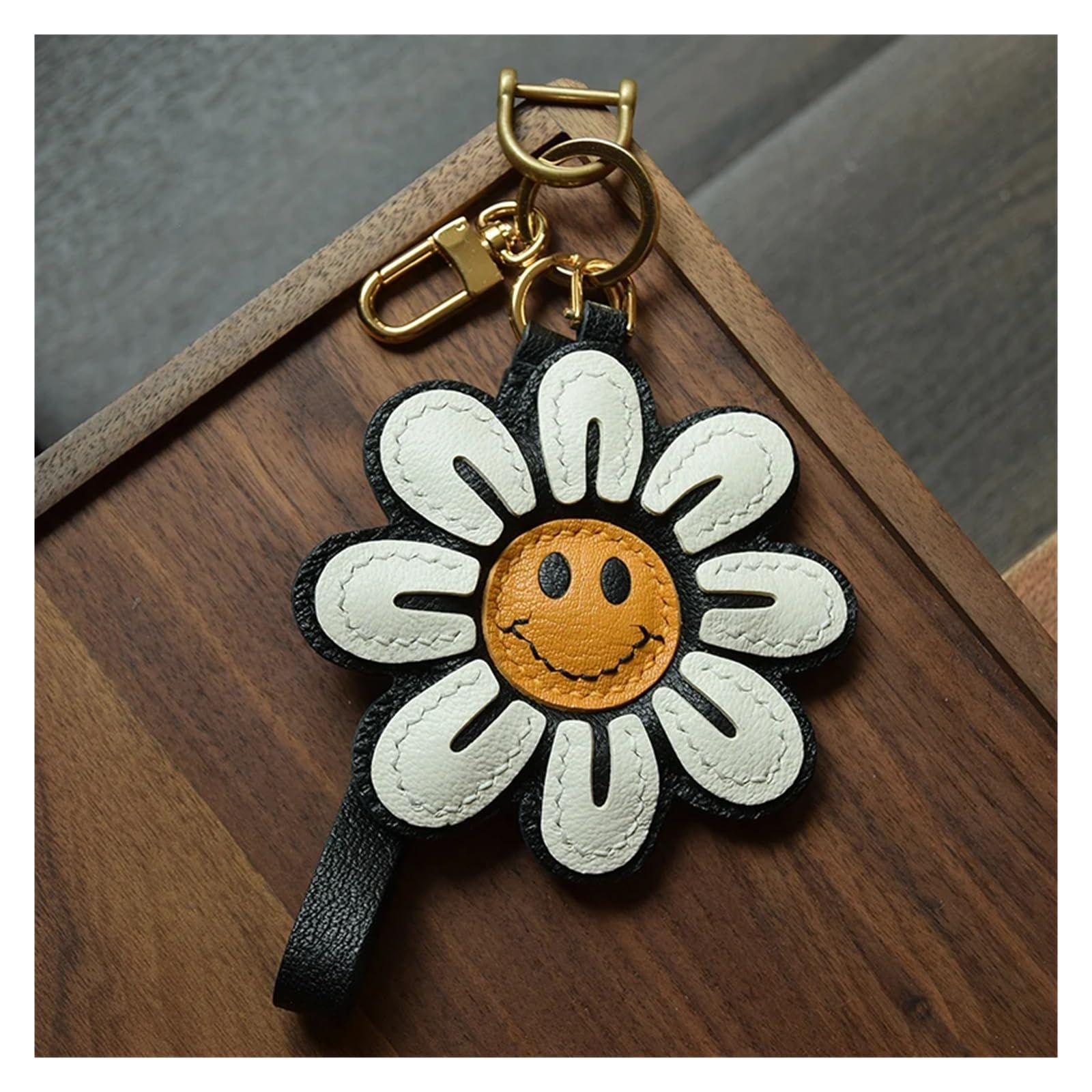 Handgefertigter Schlüsselanhänger mit Smile-Sonnenblumen-Taschenanhänger aus Leder(D Ring) von RYWRLQRA