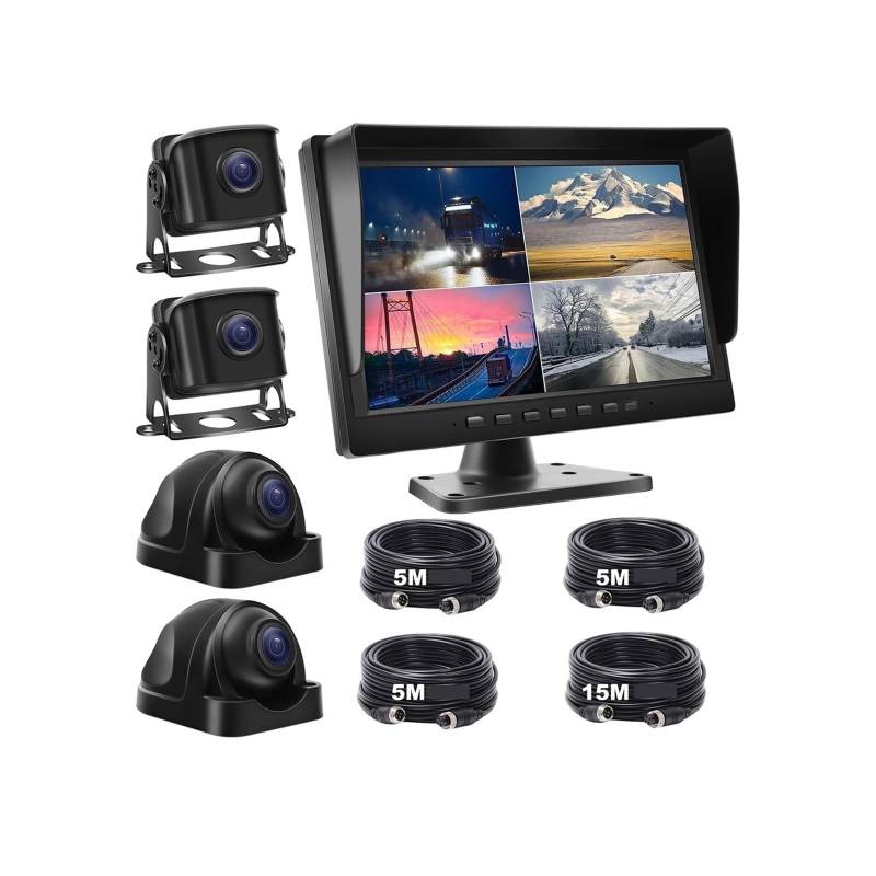 Kabelgebundene Rückfahrkamera und 4 geteilte Bildschirme, 7-Zoll-IPS-Monitor for LKW, Wohnmobil, Anhänger, Bus, AHD 1080P, Rückfahrkamera, IP68 wasserdicht von RYWRLQRA