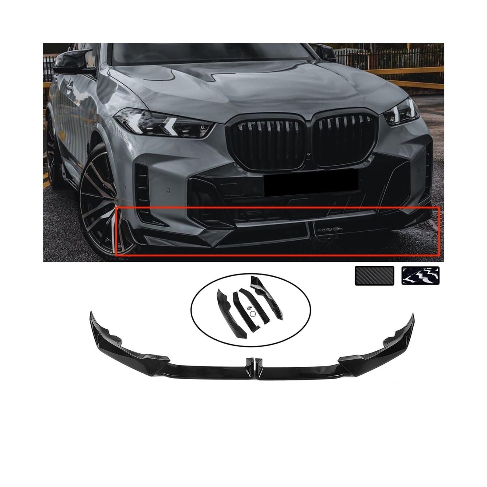 Kompatibel mit X5 G05 LCI 2023+ Auto Frontstoßstange Lippe Diffusor Splitter Spoiler Bodykit Zubehör Carbon Fiber Look Glänzend Schwarz(Carbon Fiber Look) von RYWRLQRA