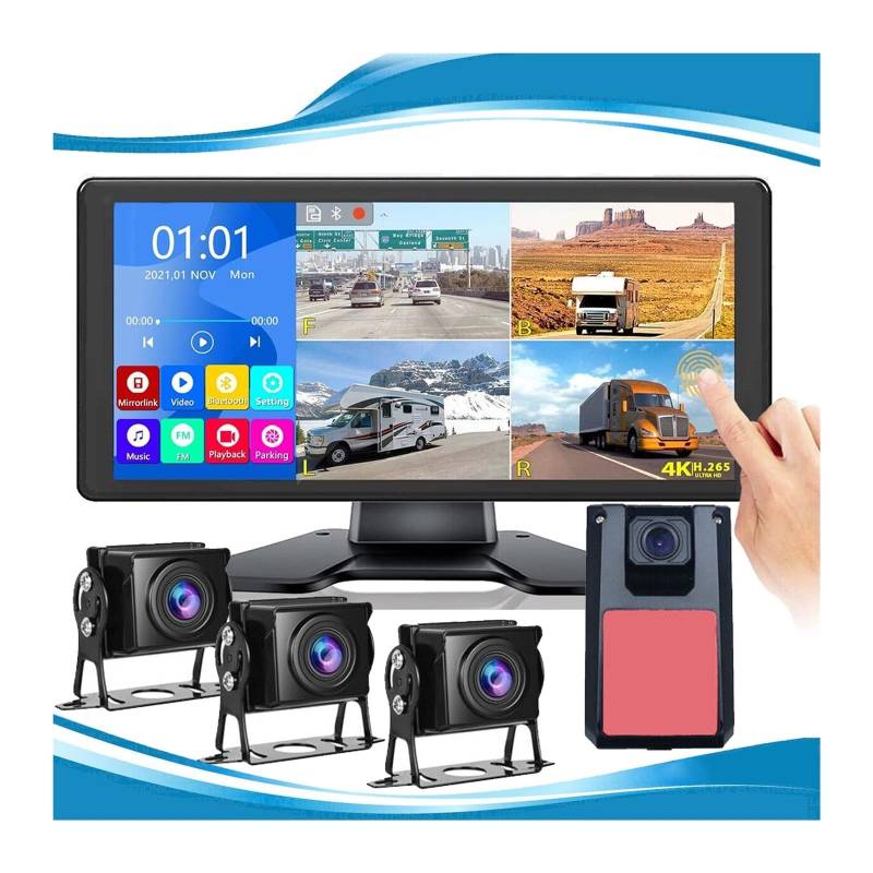 RYWRLQRA 10,36-Zoll-Touchscreen-DVR-Monitor Bluetooth MP5 USB 360-Grad-Ansicht Vorderseiten Rückfahrkameras 12-36 V for LKW-Van-Anhänger(128G) von RYWRLQRA