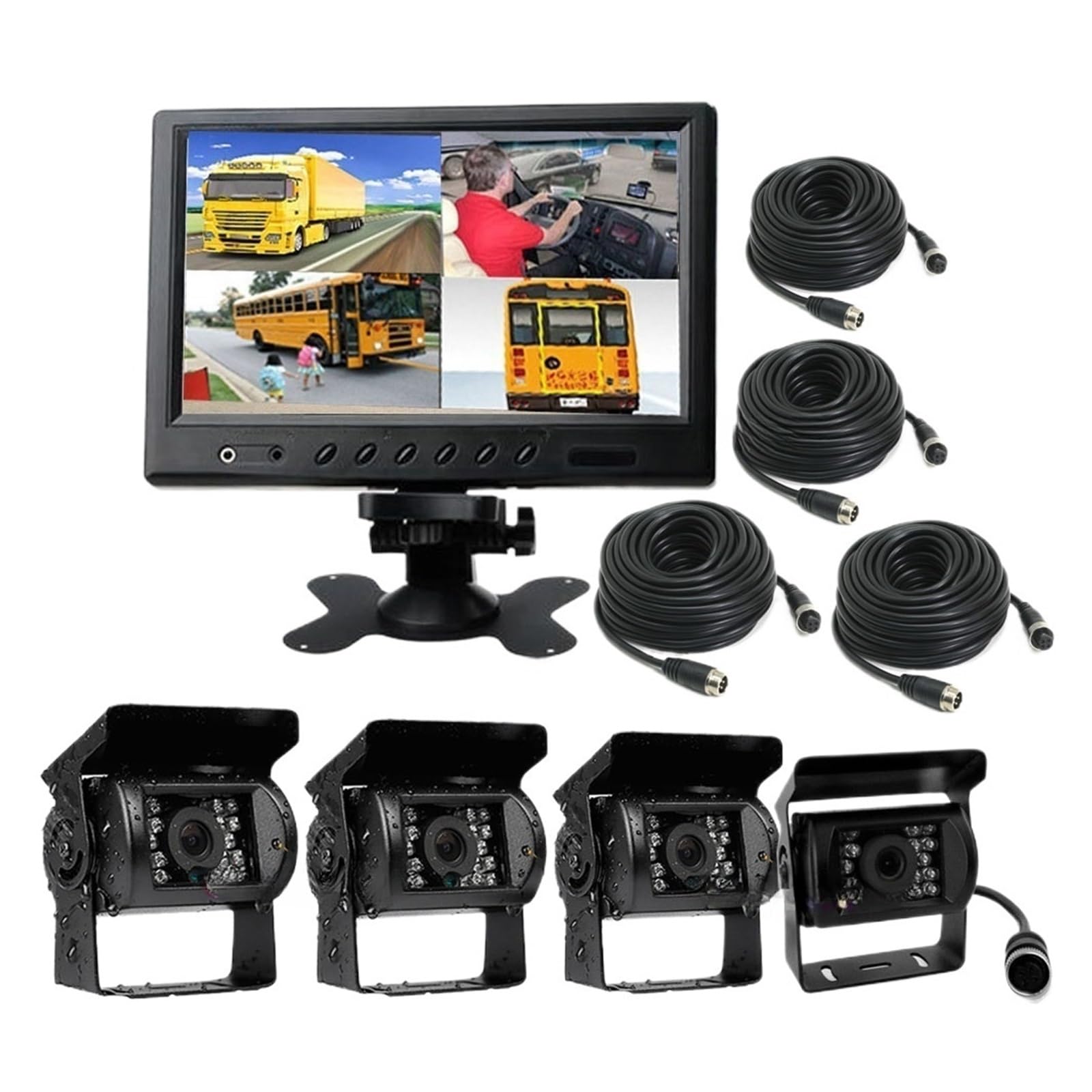 RYWRLQRA 4X 4Pin 18 LED IR Nachtsicht Auto Rückfahrkamera Rückfahrkamera + 9" LCD 4CH Split Monitor for Bus LKW Wohnmobil 12V-24V(Black) von RYWRLQRA