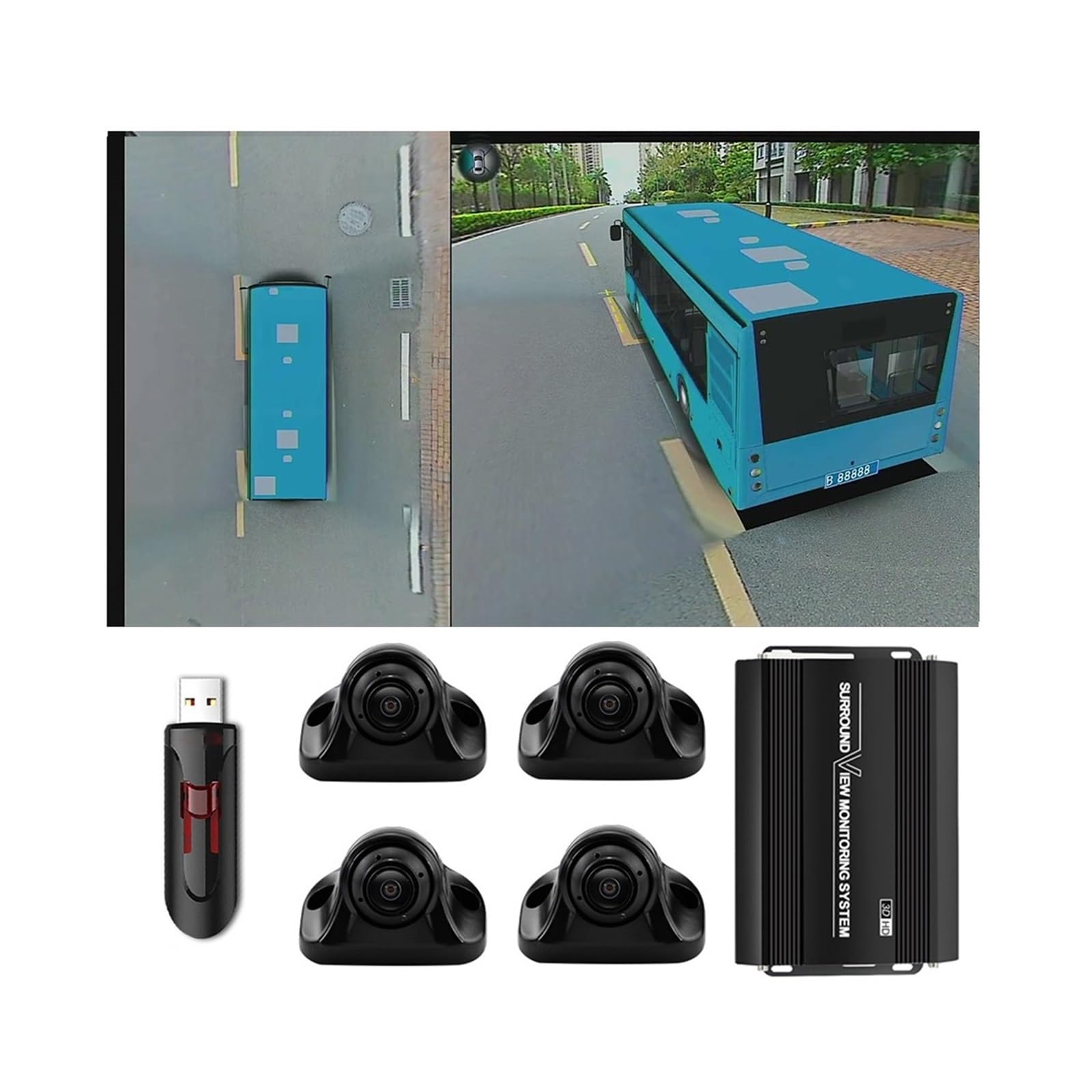 RYWRLQRA Auto 360° Vogelperspektive Kamerasystem (3D+1080P) 360 Surround Seamless View Recorder ist for Reisebus geeignet(128usb Version) von RYWRLQRA