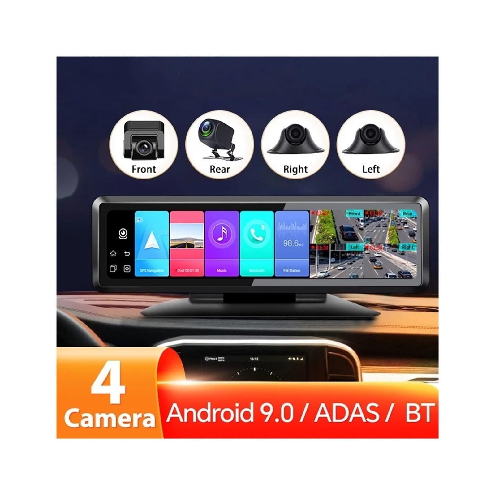 RYWRLQRA Dash Cam Kamera Auto Dvr 4 Objektiv 4G Android 9.0 ADAS BT Auto Fahren Recorder WiFi GPS Navigation HD Video App Fernüberwachung von RYWRLQRA