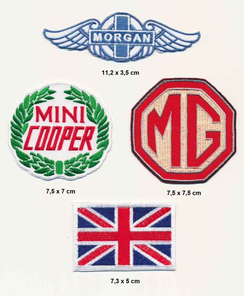 Mini Cooper MG Morgan Aufnäher Aufbügler Patch 4 Stück Auto England TURBOVERSAND von Racing Classics