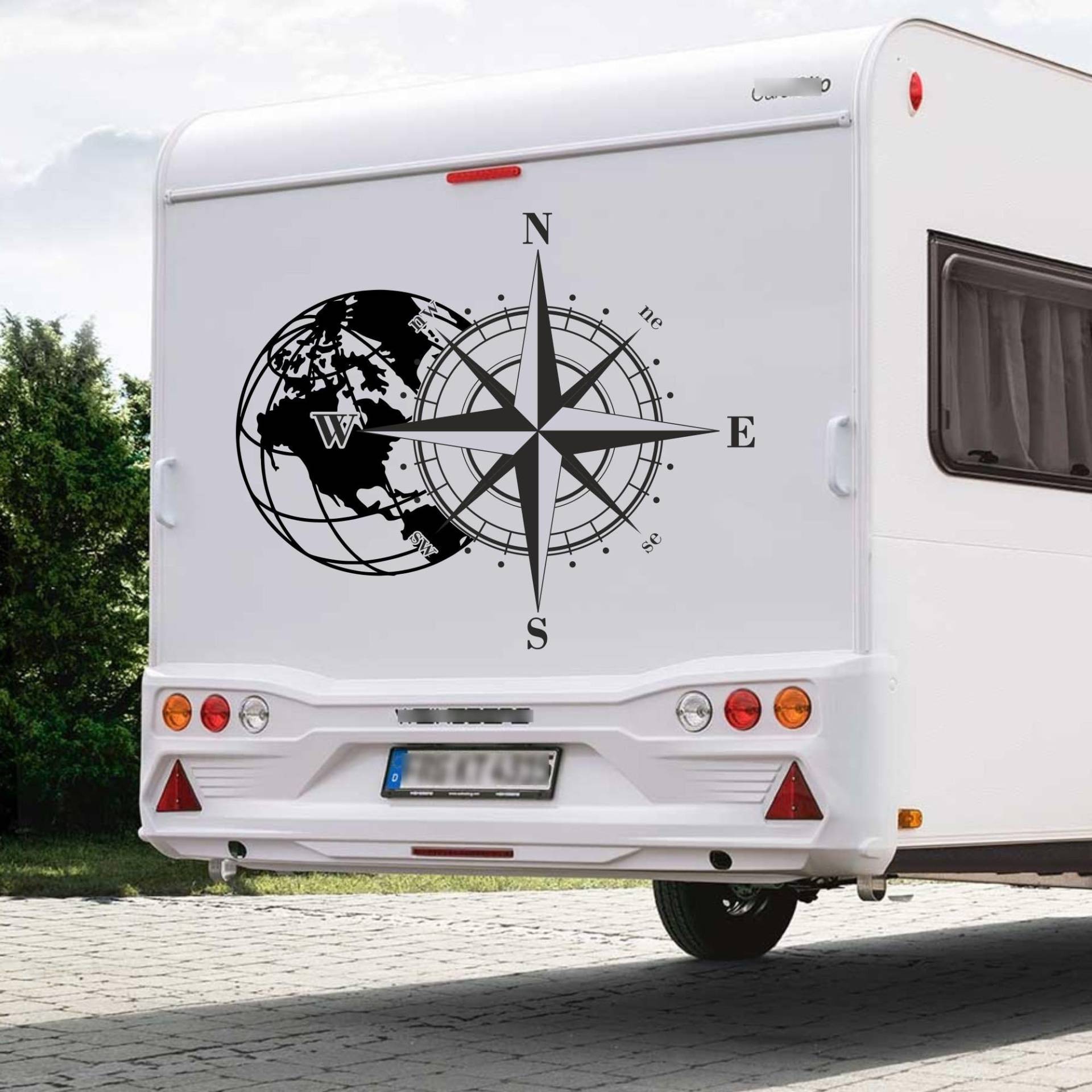 Rakelfix 1x Kompass Weltkugel Aufkleber Erde Erdkugel Wohnwagen Windrose Wohnmobil personalisierbar in Mehreren Größen Kompassrose Truck Sticker von Rakelfix