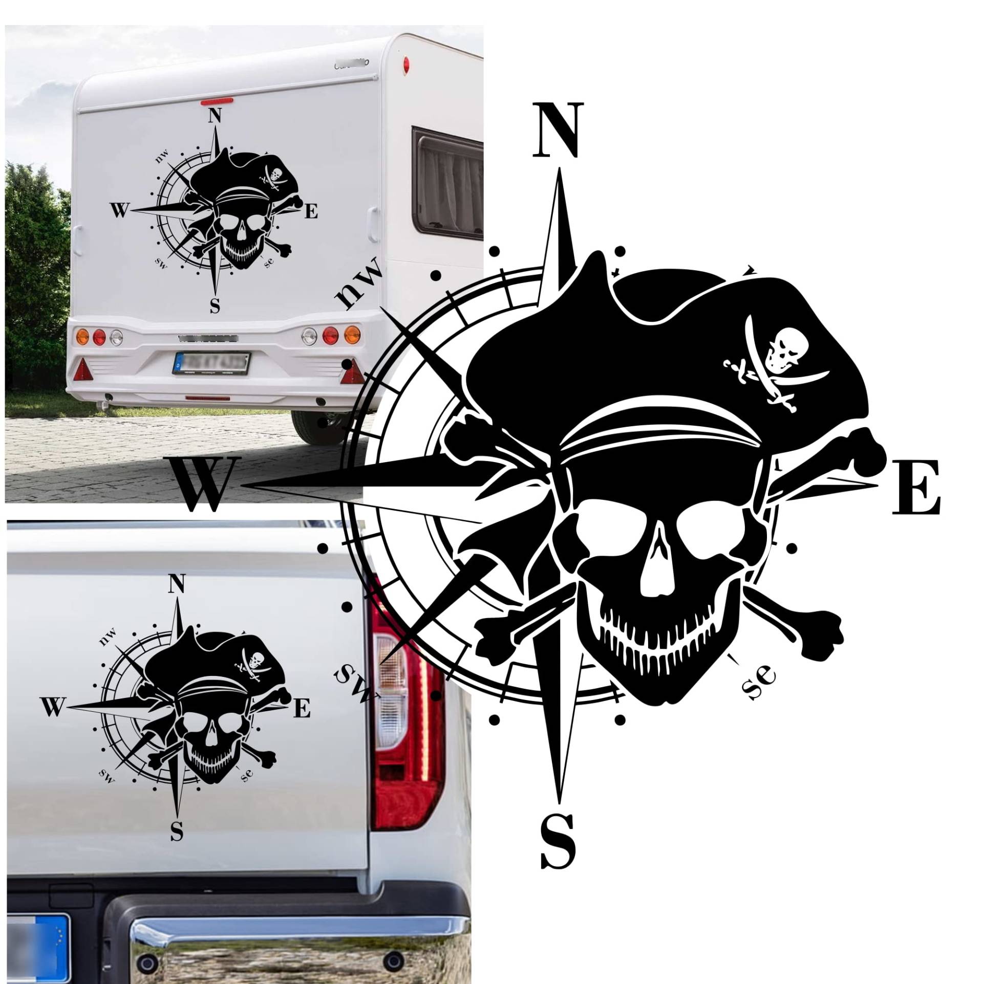 Kompass Pirat Totenkopf Jolly Roger Piraten Aufkleber Apassbar Wohnmobil Auto Autoaufkleber Sticker Kompassrose Windrose Camper von Rakelfix