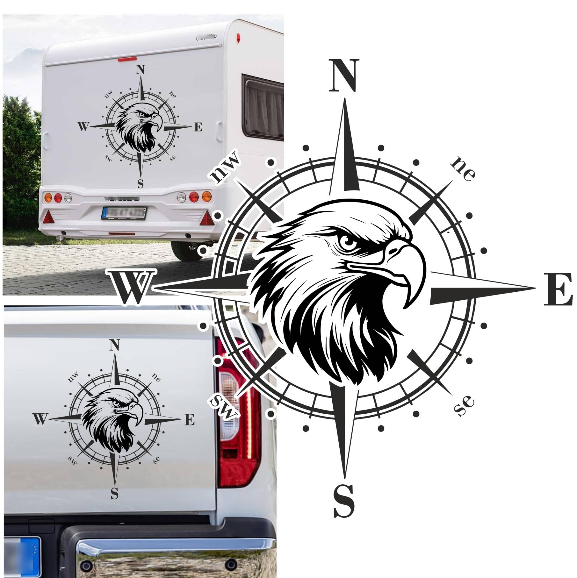 Kompass Seeadler Kopf Adler Vogel Raubvogel Aufkleber freie Größe&Farbe Auto Camper Wohnmobil Caravan Autoaufkleber Wohnwagen Sticker Kompassrose von Rakelfix