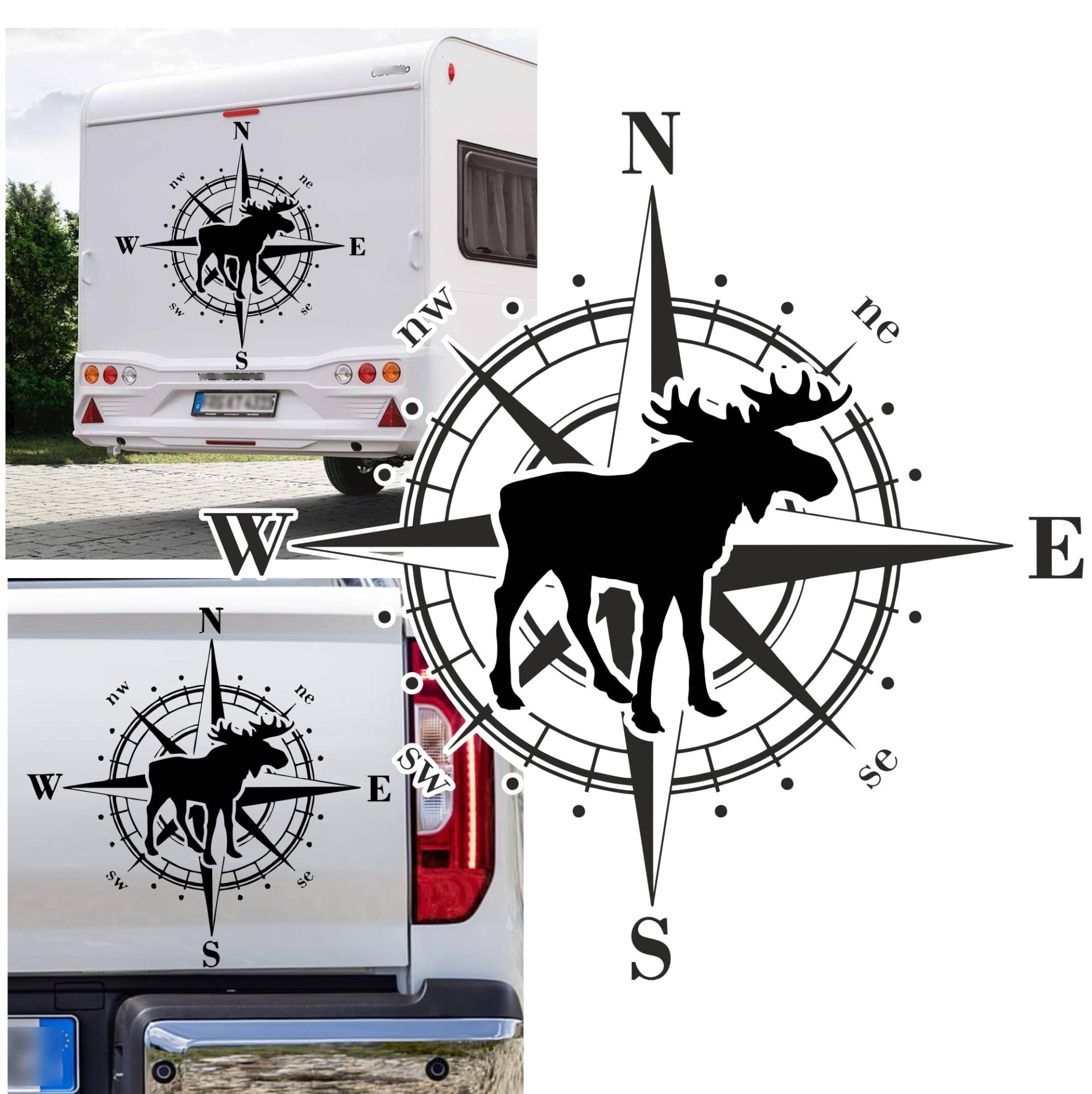 Rakelfix Elch Elche Moose Kompass Aufkleber Apassbar Wohnmobil Auto Autoaufkleber Sticker Kompassrose Windrose Camper von Rakelfix