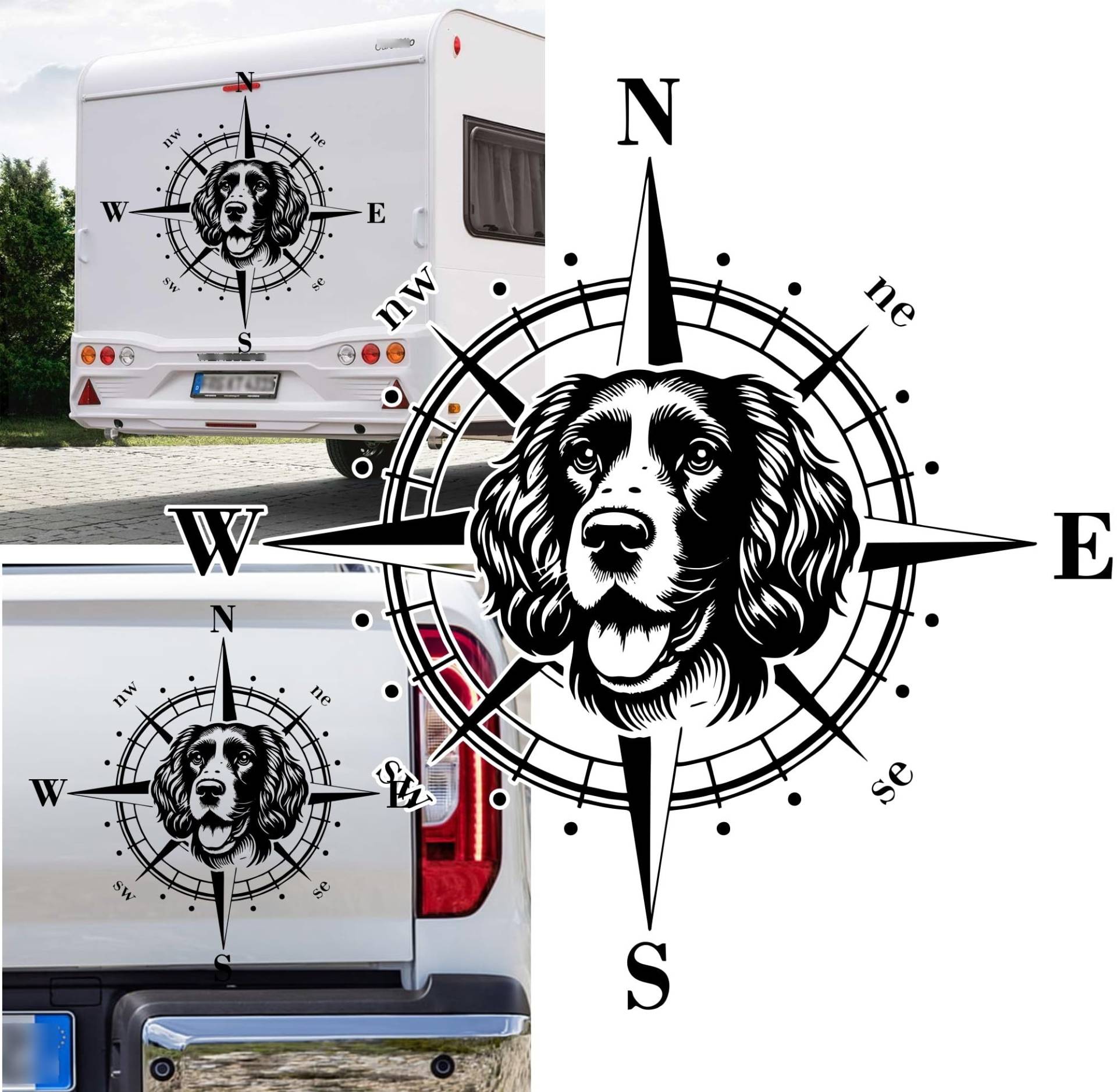 Rakelfix Kompass English Springer Spaniel Aufkleber Sticker Größe&Farbe wählbar Hund Hunde Wohnmobil Caravan Autoaufkleber Sticker Kompassrose Windrose Camper von Rakelfix