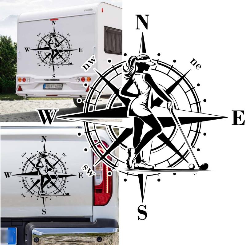 Rakelfix Kompass Golferin Golf Golfsport Sport Golfen Frau LadyAufkleber Sticker Größe&Farbe wählbar Anhänger Wohnmobil Caravan Autoaufkleber Sticker Kompassrose Windrose Camper Decal von Rakelfix