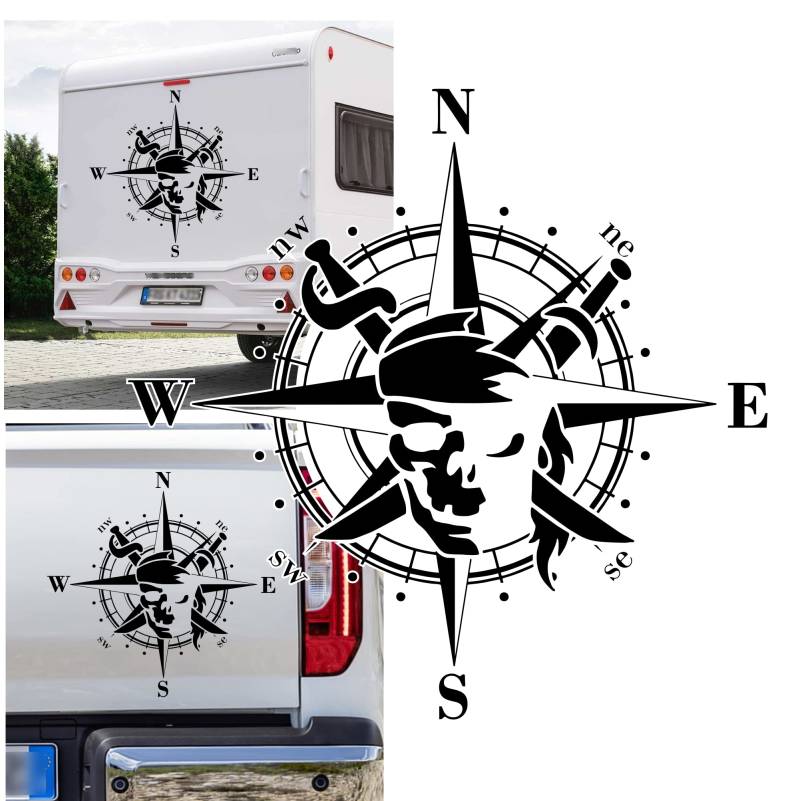 Rakelfix Kompass Pirat Säbel Skull Jolly Roger Freibeuter Aufkleber Apassbar Wohnmobil Auto Autoaufkleber Sticker Kompassrose Windrose Camper von Rakelfix