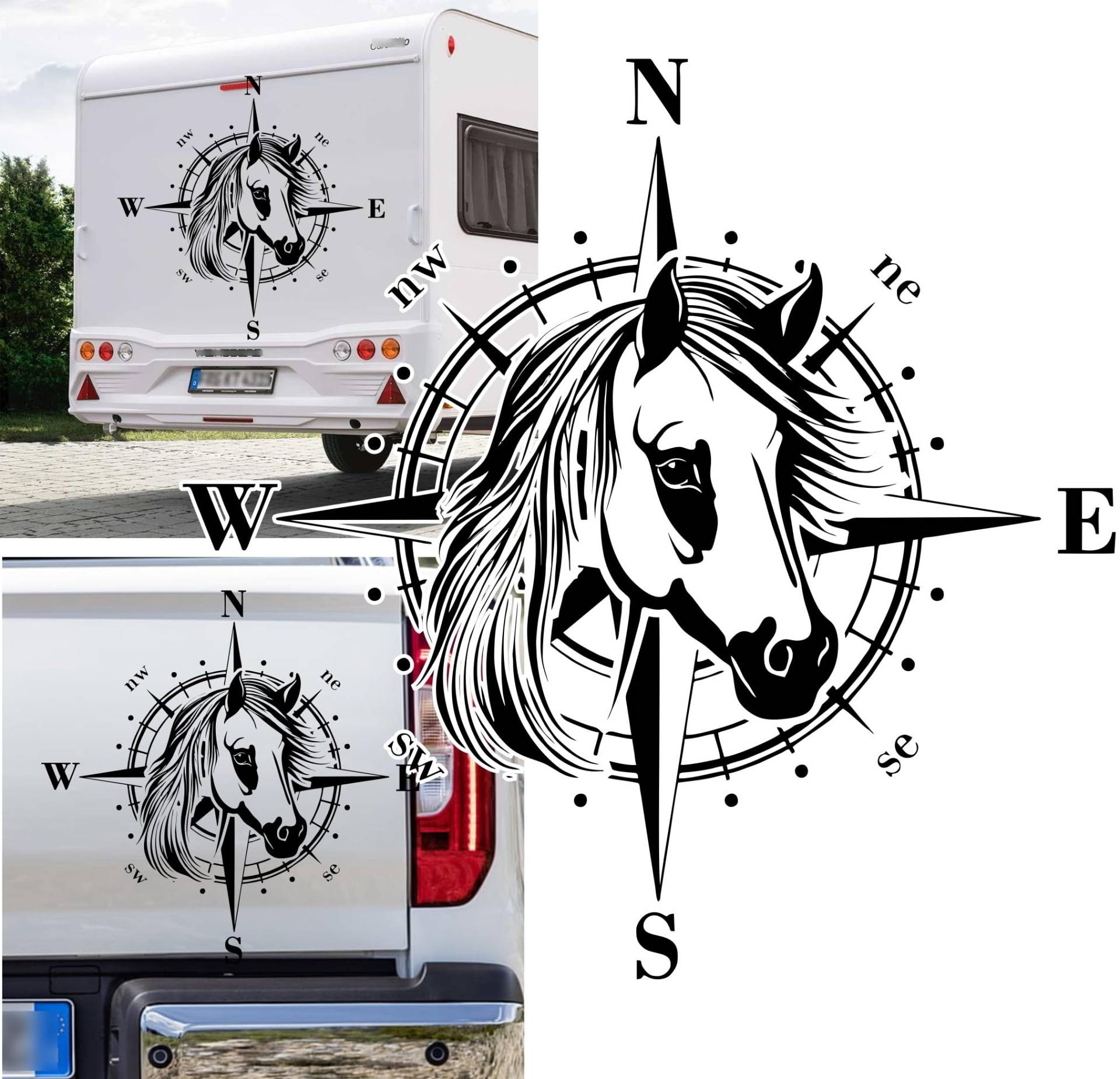 Rakelfix Kompass Shetlandpony Aufkleber Sticker Größe&Farbe wählbar Pferd Pferde Anhänger Wohnmobil Caravan Autoaufkleber Sticker Kompassrose Windrose Camper Auto von Rakelfix