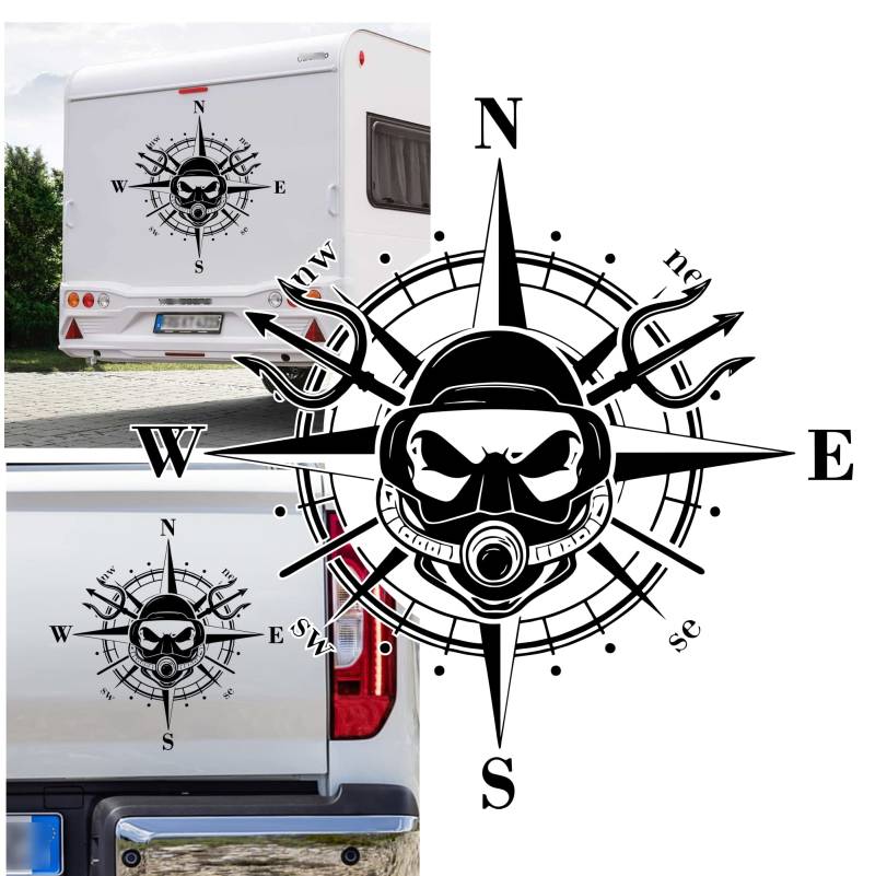 Rakelfix Kompass Taucher 3 Zack Totenkopf Neptun Dreizack Tauchen Aufkleber Apassbar Wohnmobil Auto Autoaufkleber Sticker Kompassrose Windrose Camper von Rakelfix