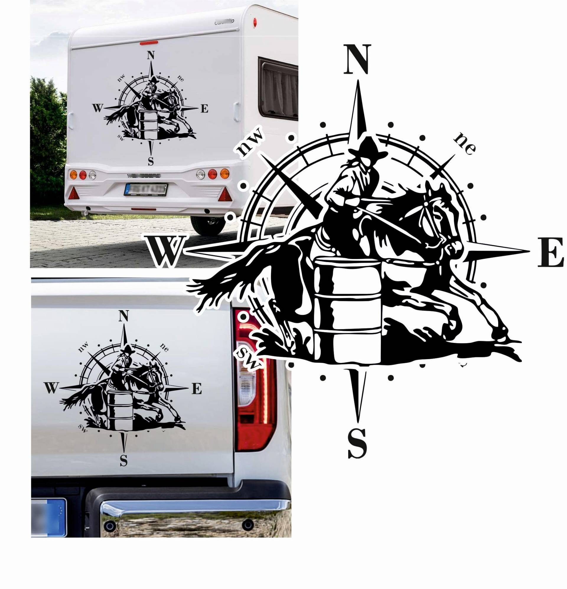 Rakelfix Kompass Western reiten Cowgirl Pferd Barrel Aufkleber Größe&Farbe wählbar Hund Hunde Wohnmobil Caravan Autoaufkleber Sticker Kompassrose Windrose Camper von Rakelfix