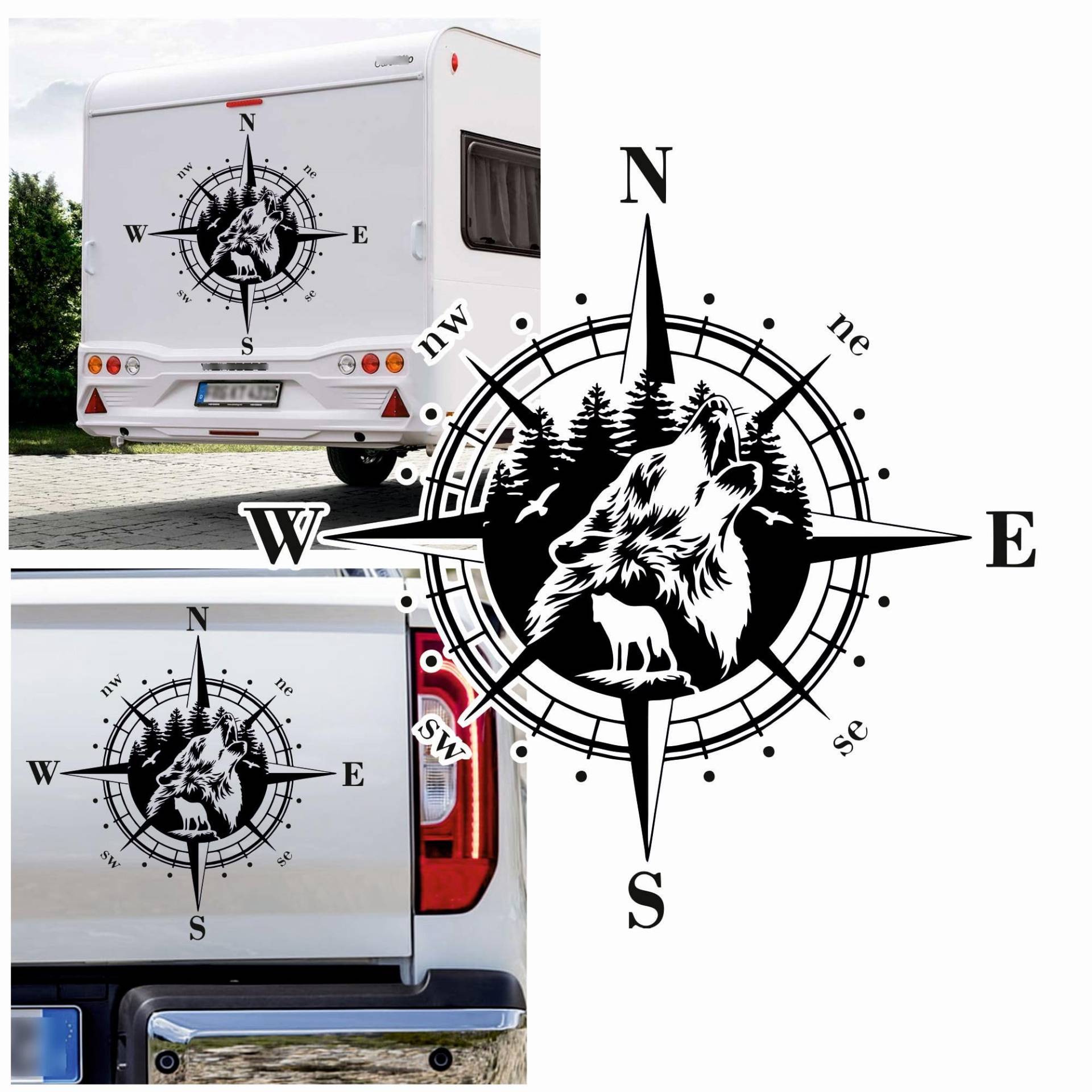 Rakelfix Kompass Wolf im Wald Vollmond Aufkleber Größe&Farbe wählbar Hund Hunde Wohnmobil Caravan Autoaufkleber Sticker Kompassrose Windrose Camper von Rakelfix