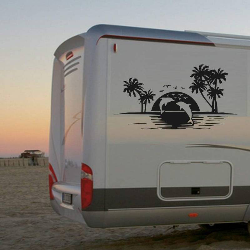 Rakelfix Sonnenuntergang mit Zwei springenden Delfinen ca 110cm mit Palmen Strand Meer Ozean Wohnmobil Wohnwagen Aufkleber von Rakelfix