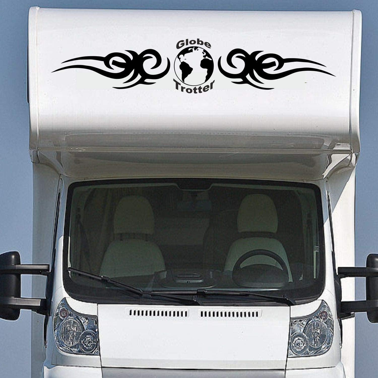 Rakelfix Wohnmobil Wohnwagen Aufkleber Großes Tribal mit Globus & Schriftzug Globetrotter ca 170cm Sticker Autoaufkleber von Rakelfix