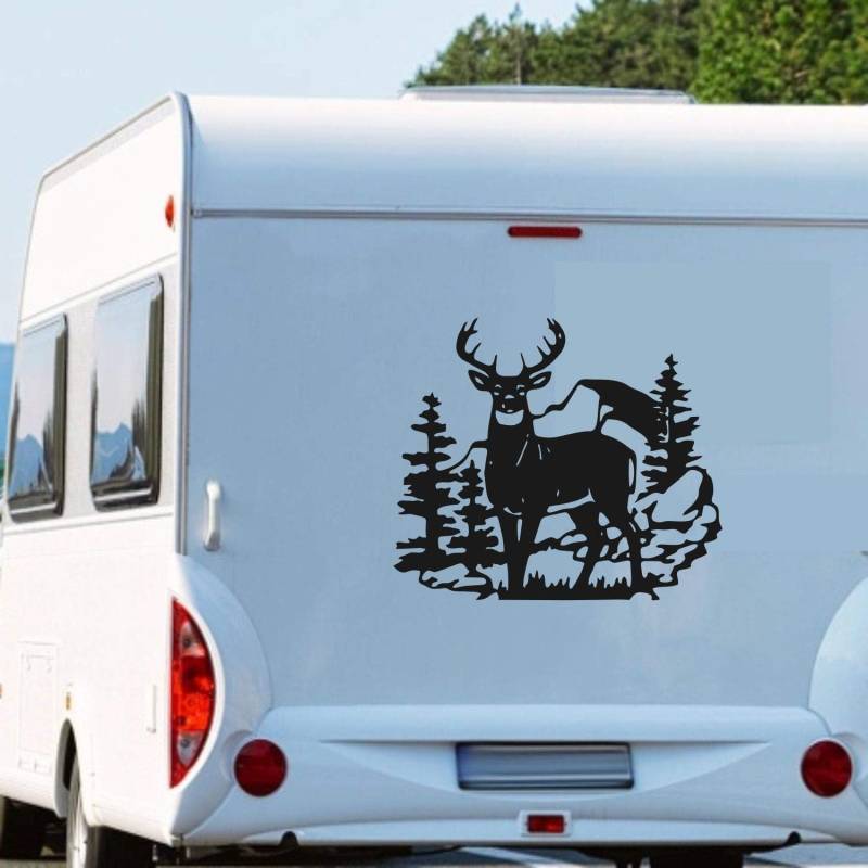 Rakelfix Wohnmobil Wohnwagen Aufkleber Hirsch im Wald Natur Bäume Wild Tiere Berge ca 80cm WOMI WOWA Camping von Rakelfix