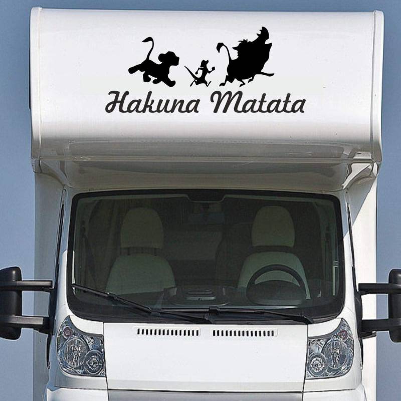 Rakelfix Wohnmobil Wohnwagen Aufkleber Schriftzug Hakuna Matata Typ1 ca 120cm mit 3 lustigen Tieren Sticker Autoaufkleber von Rakelfix