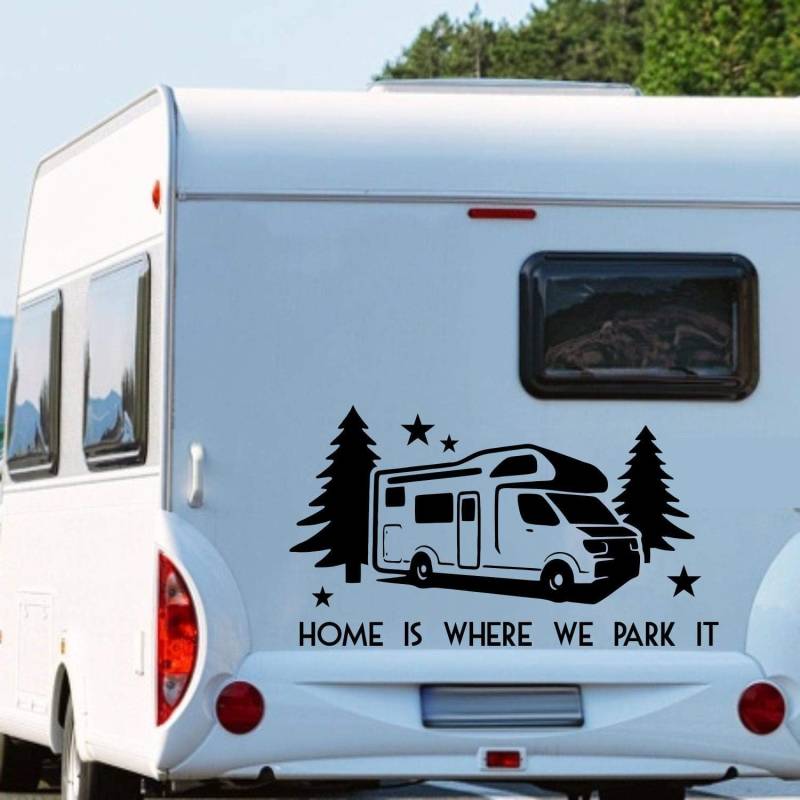 Rakelfix Wohnmobil Wohnwagen Aufkleber Spruch Home is Where we Park it Camper im Wald Natur Bäume Sterne ca 100cm WOMI WOWA Ca von Rakelfix