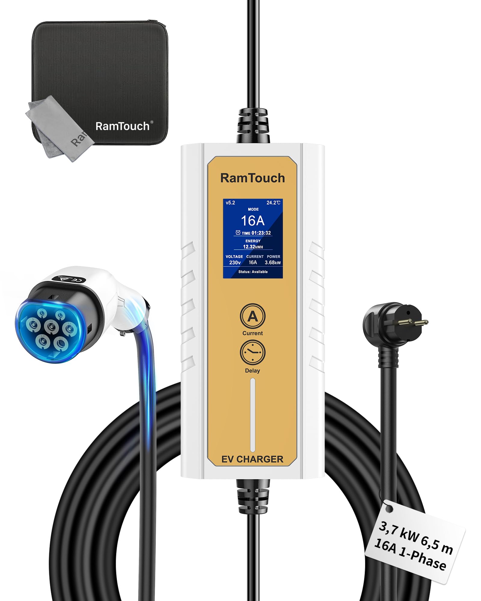 RamTouch Ladekabel Elektroauto Typ 2 Schuko (3,7 kW, 6,5 m), Mobile Wallbox Schuko mit 8-16A Einstellbarer und Geplanter Ladefunktion, kompatibel mit E-Fahrzeugen und Hybriden, für Drinnen und Draußen von RamTouch