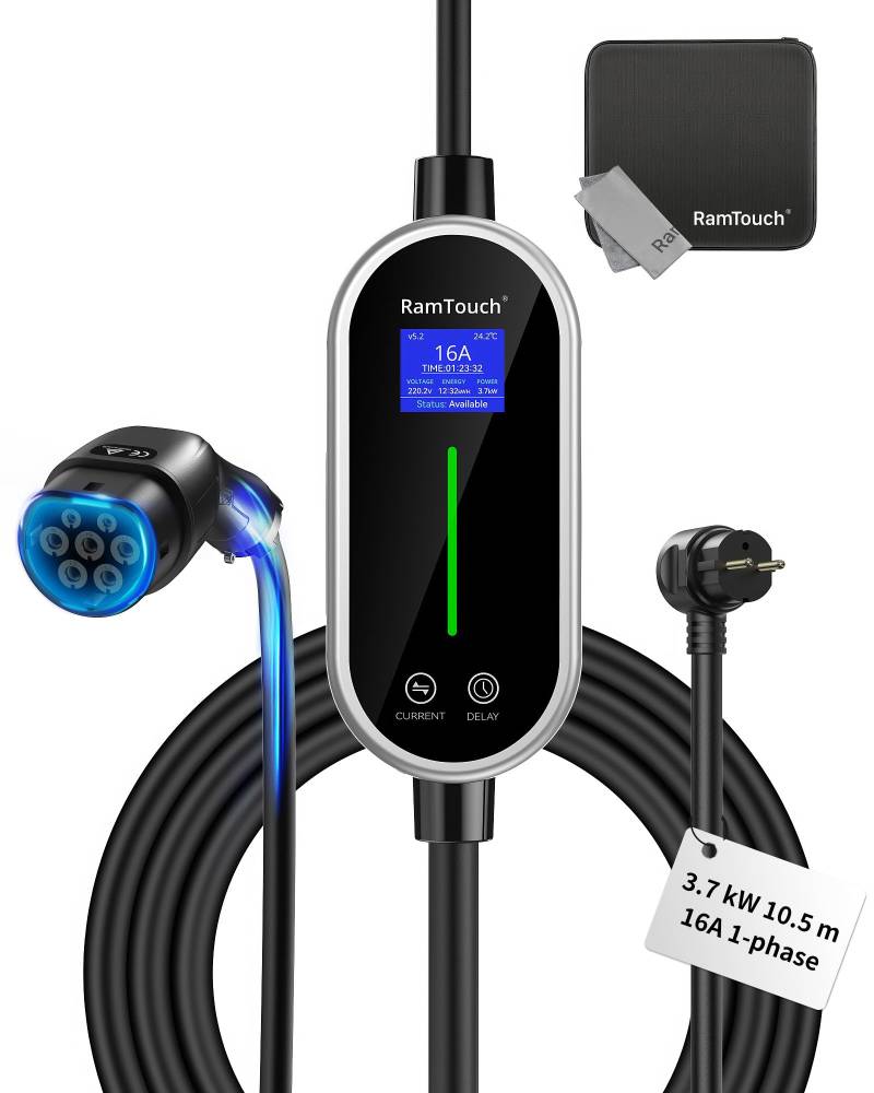 RamTouch Ladekabel Elektroauto Typ 2 Schuko (3,7kW, 10,5m), Mobile Wallbox Schuko mit 8A-16A Einstellbarer und Geplanter Ladefunktion, kompatibel mit E-Fahrzeugen und Hybriden, für Drinnen und Draußen von RamTouch