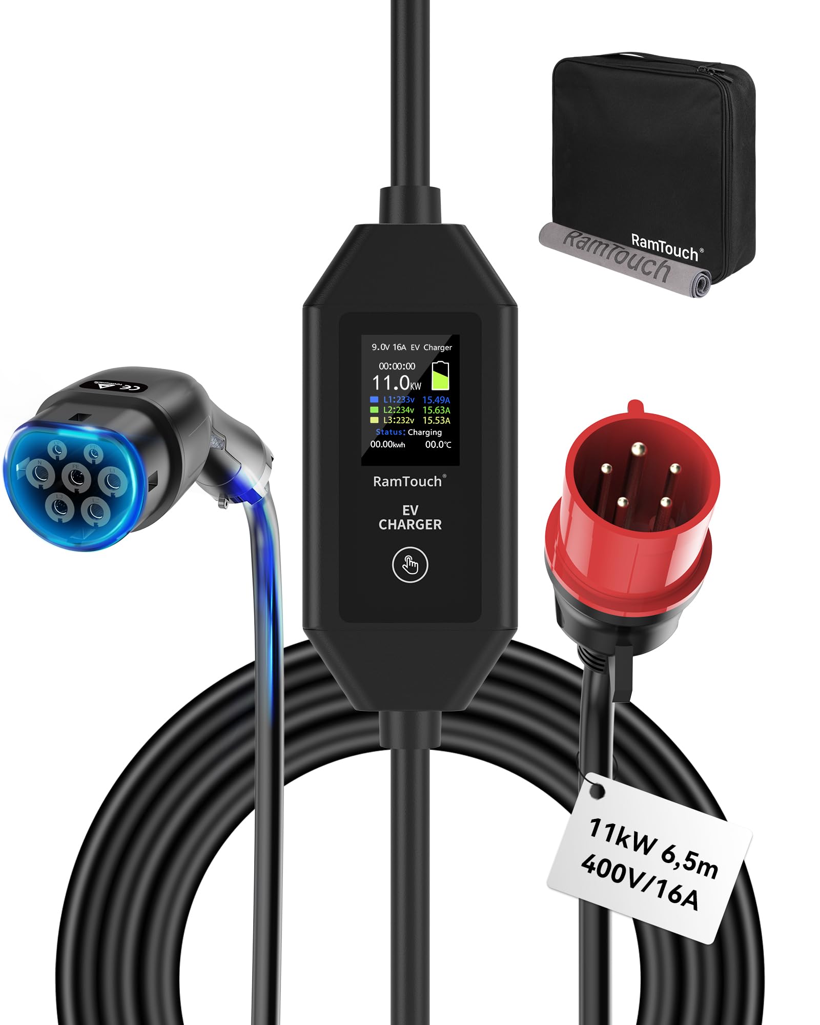 RamTouch Mobile Wallbox (11 kW, 6,5 m, 3-phasig, Typ 2, CEE 16 A Stecker) - Mobile Ladestation mit Einstellbar 6A-16A sowie Timer- und Verzögerungsfunktion, kompatibel mit E-Fahrzeugen und Hybriden von RamTouch