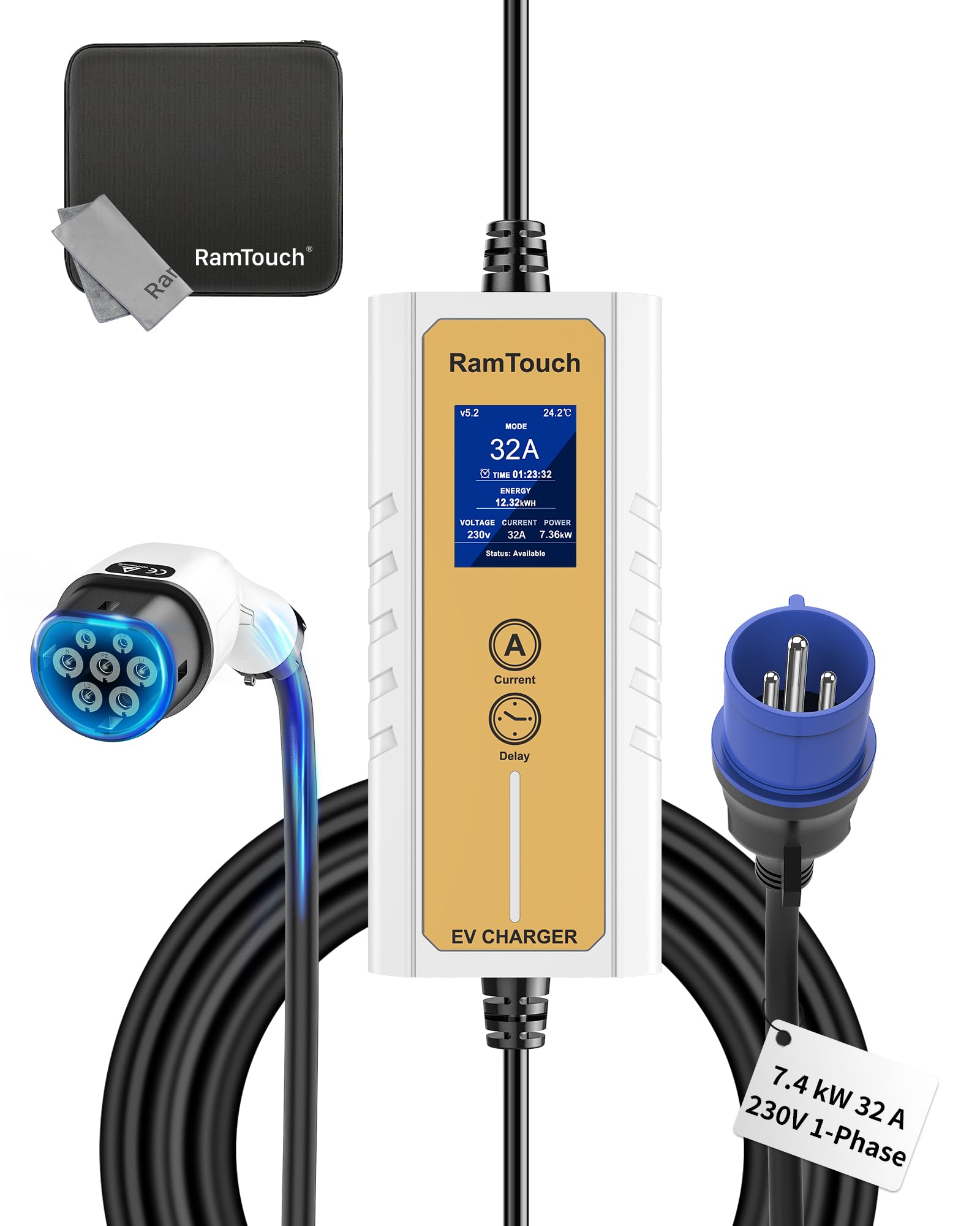 RamTouch Mobile Wallbox (7,4 kW, Typ 2, CEE Stecker 32 A, 6,5 m), EV Ladegerät mit 8 bis 32A Einstellbarer und Geplanter Ladefunktion, Typ 2 Ladekabel CEE kompatibel mit Elektrofahrzeugen und Hybriden von RamTouch