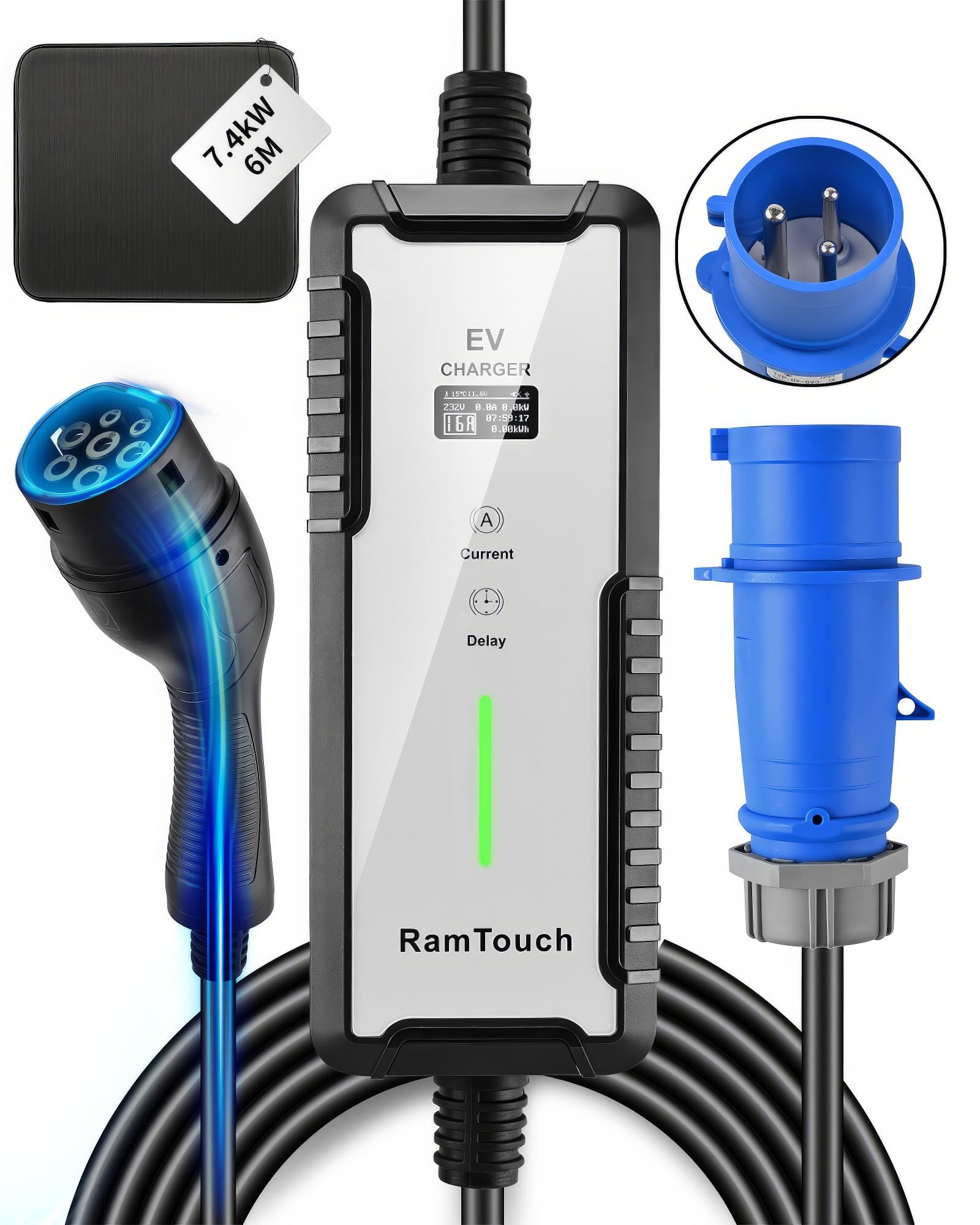 RamTouch Mobile Wallbox (7.4 kW, Typ 2, CEE 32A Stecker, 6m), Tragbares EV Ladegerät mit 8-32A Einstellbarer und Geplanter Ladefunktion, Typ 2 Ladekabel CEE 32A Kompatibel mit Elektroauto/PHEVs von RamTouch