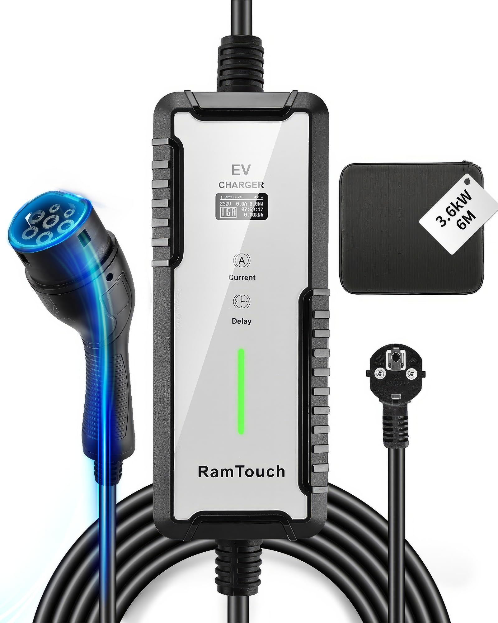 RamTouch Typ 2 Ladekabel Schuko - 3.7kW 6M 8/10/13/16A, EV Charger mit LCD, Schaltuhr, Elektroauto Typ 2 Schuko mit Tasche Mode 2 Mobile Wallbox für ID.3, ID.4, ID.5, Model Y von RamTouch