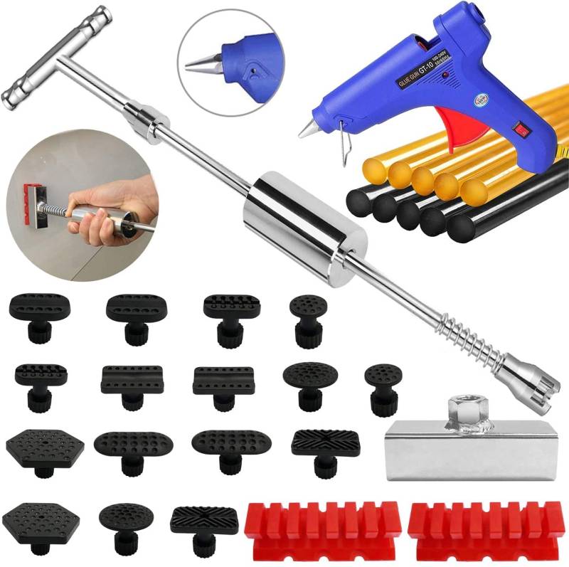 Dellen Reparatur Ausbeulwerkzeug Set -Lackfreies Dellen Reparaturset Dent Puller Kit Gleithammer Dent Abzieher mit 16 Stück Klebel Metalloberflächen-Dellen von Randalfy