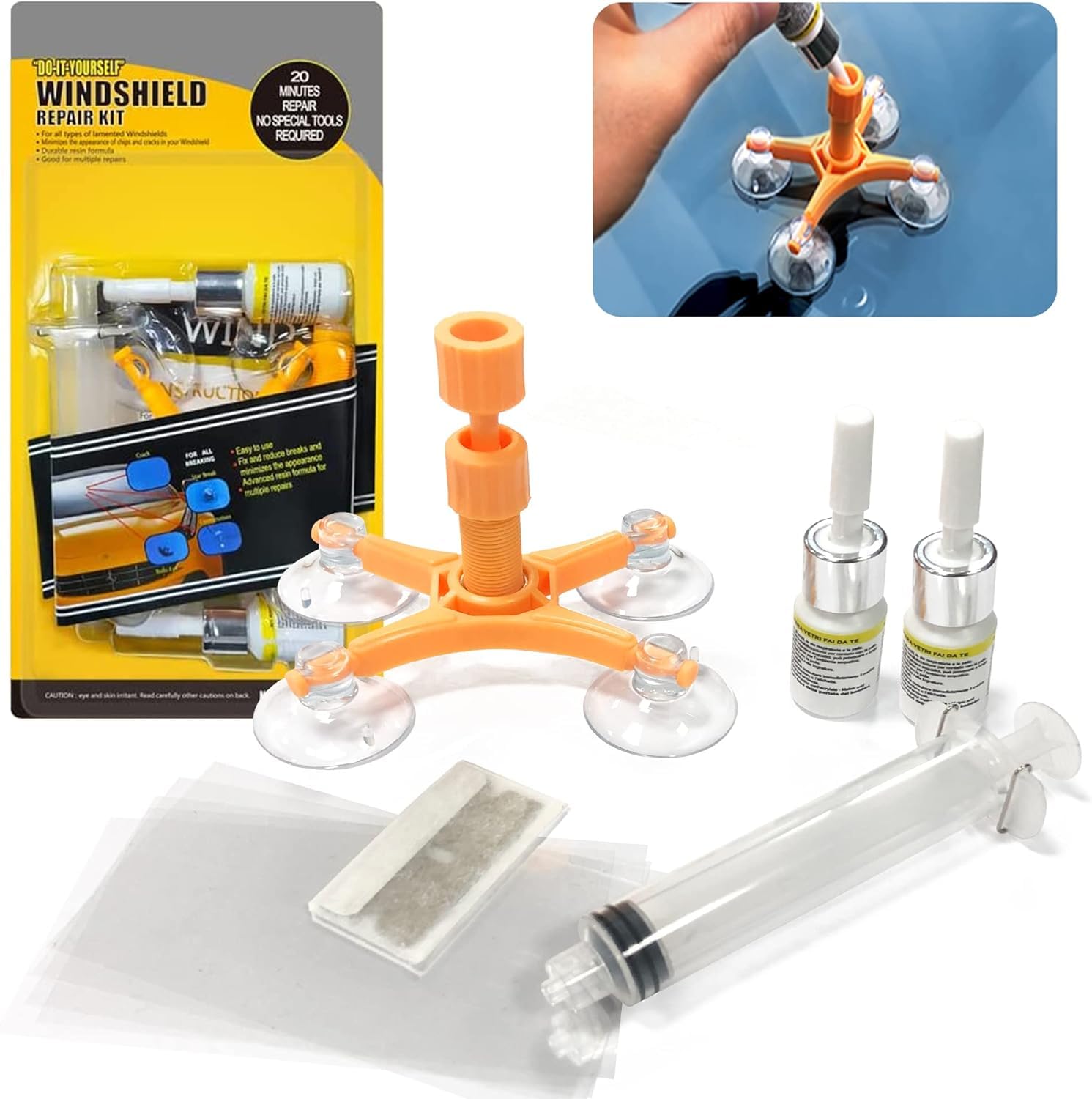 Randalfy Windschutzscheiben Reparaturset - Windshield Repair Kit mit 2 Stück Windschutzscheibenreparaturharz zur Reparatur von Rissen, Chips und Kratzern an Autoglas von Randalfy